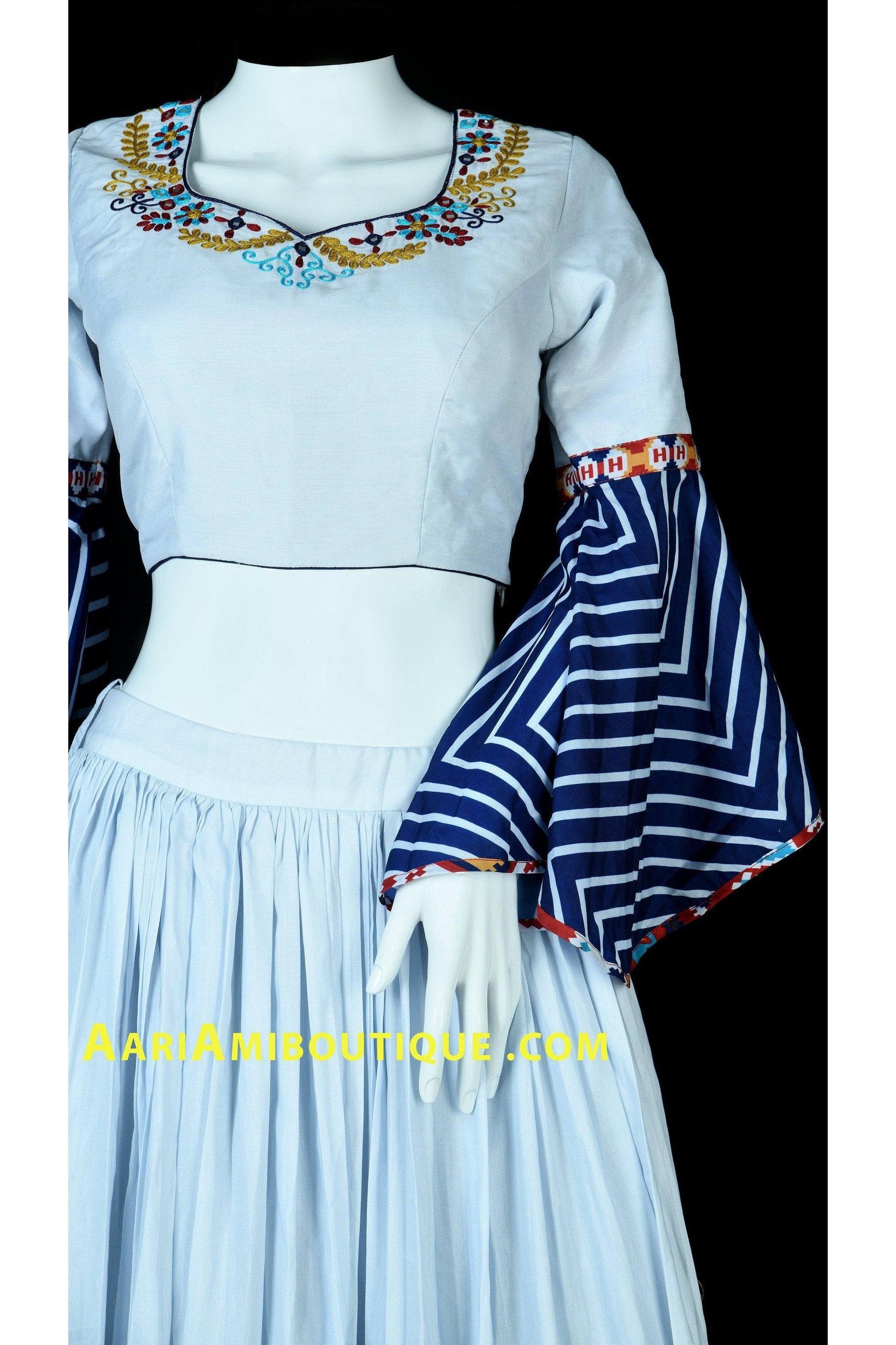 Off-White and Blue Embroidered Chaniya Choli Set-AariAmi Boutique