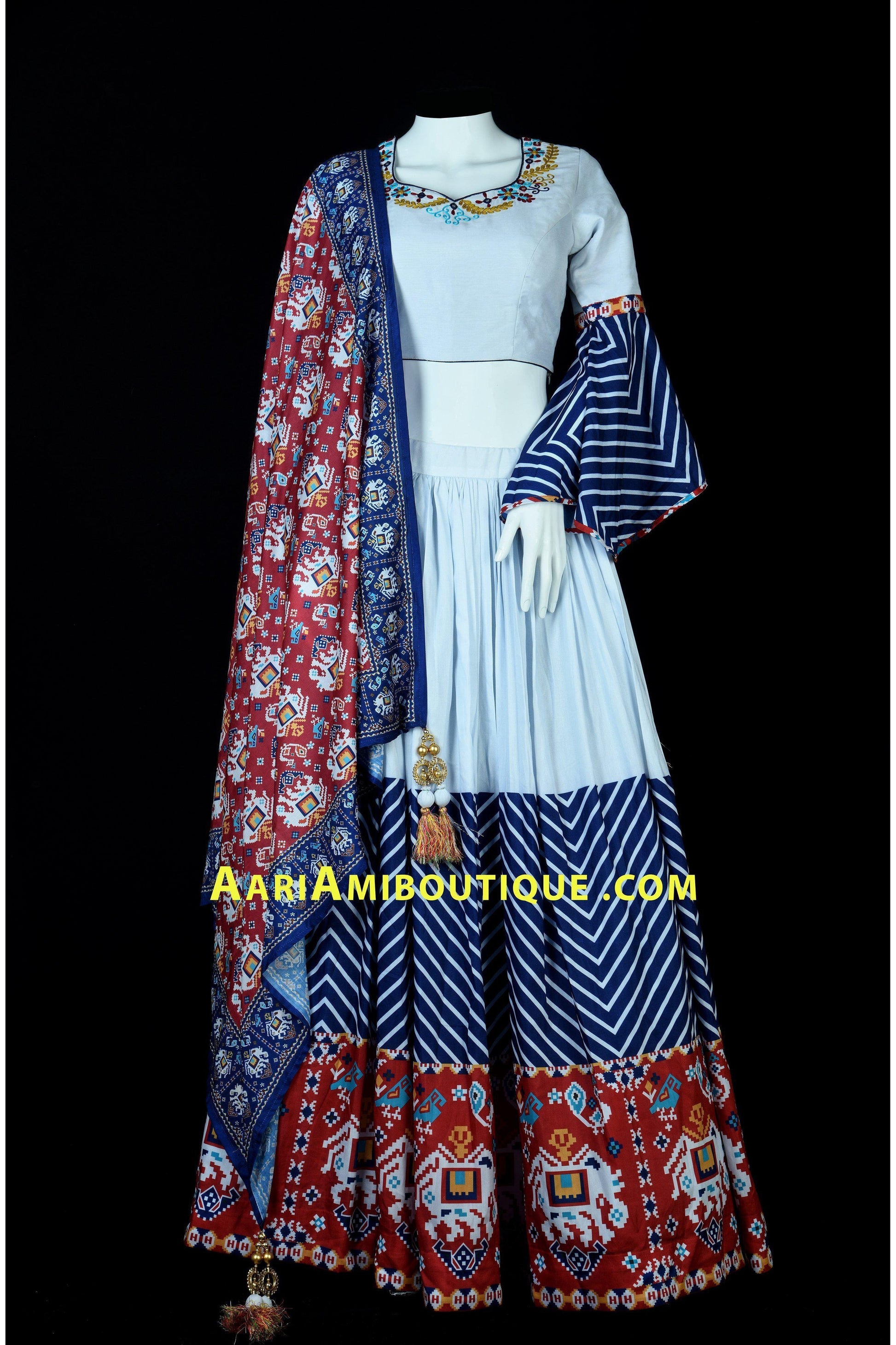 Off-White and Blue Embroidered Chaniya Choli Set-AariAmi Boutique