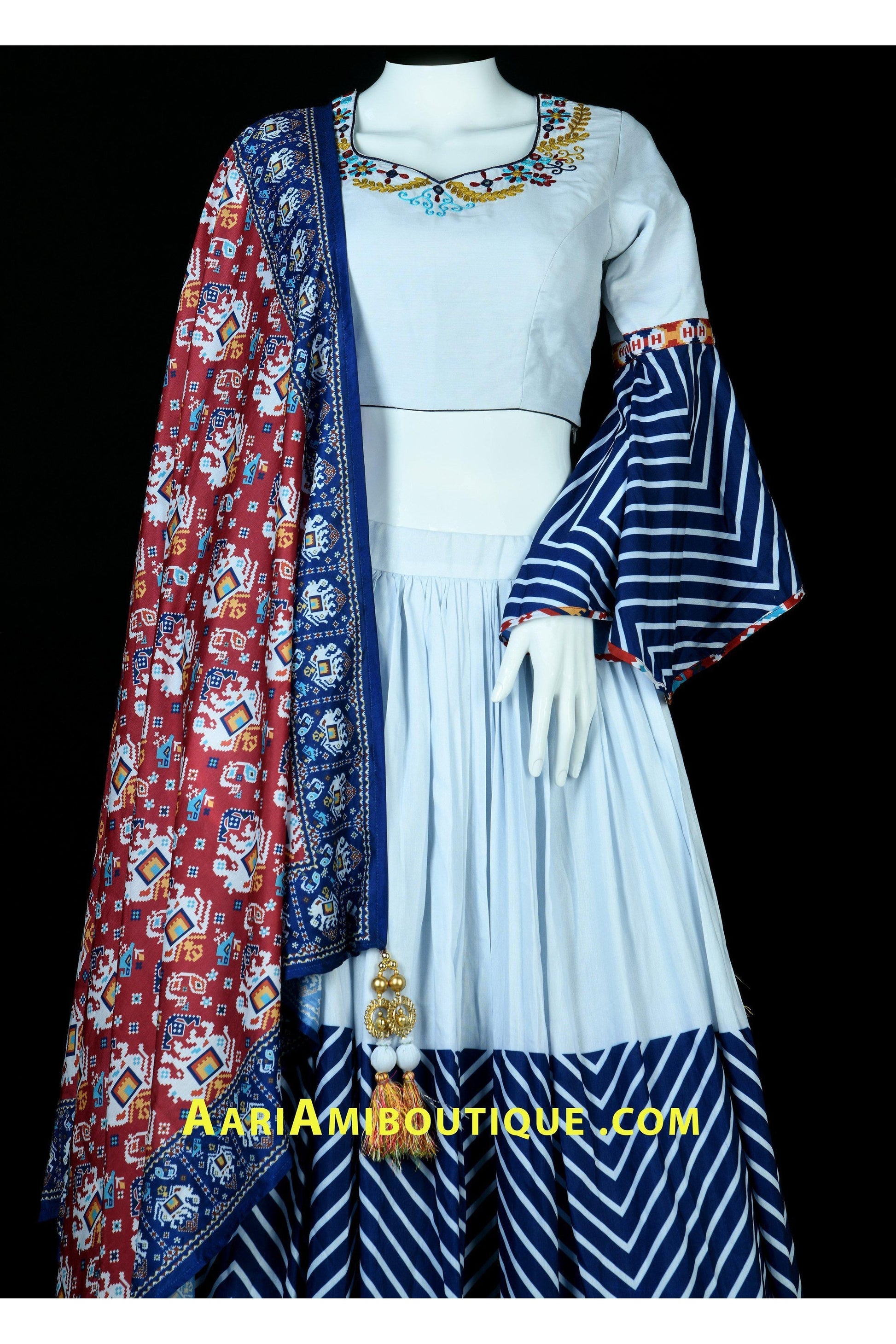 Off-White and Blue Embroidered Chaniya Choli Set-AariAmi Boutique