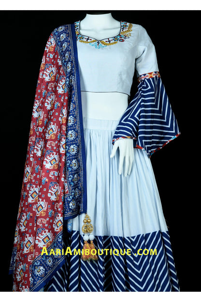 Off-White and Blue Embroidered Chaniya Choli Set-AariAmi Boutique