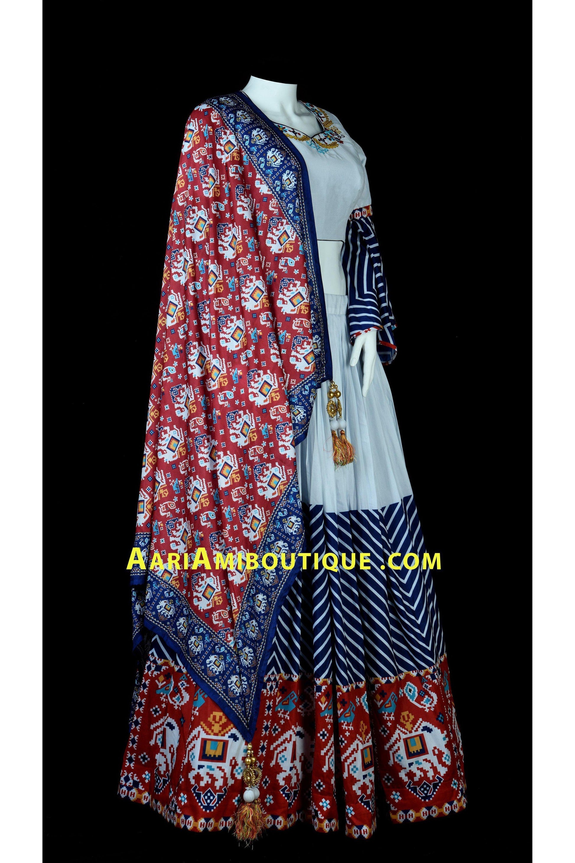 Off-White and Blue Embroidered Chaniya Choli Set-AariAmi Boutique