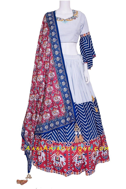 Off-White and Blue Embroidered Chaniya Choli Set-AariAmi Boutique