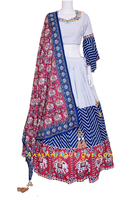 Off-White and Blue Embroidered Chaniya Choli Set-AariAmi Boutique
