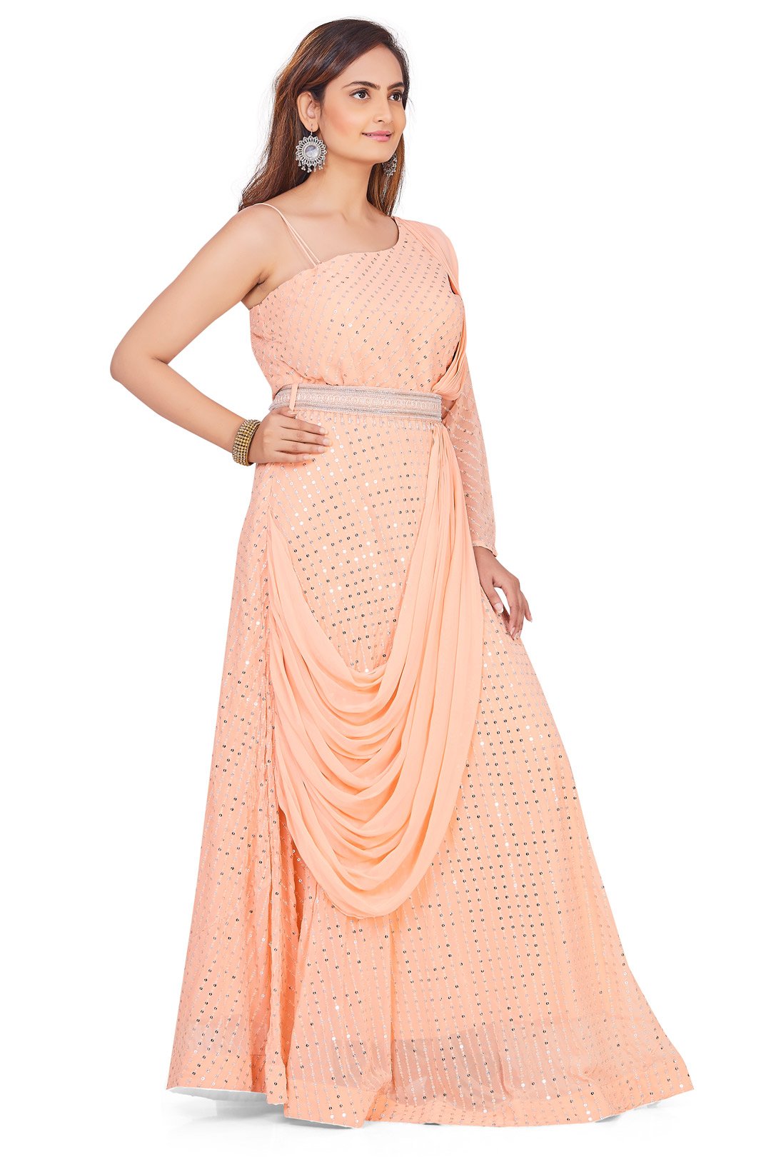 One Shoulder Peach Anarkali Set-AariAmi Boutique