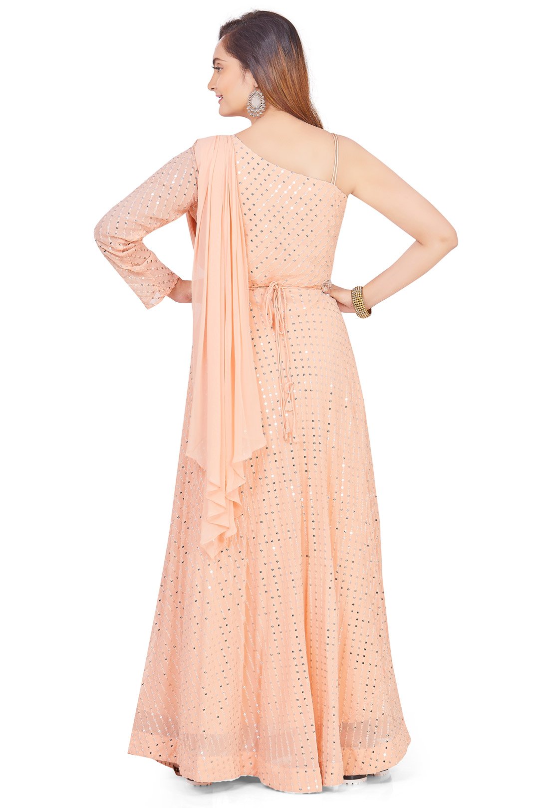 One Shoulder Peach Anarkali Set-AariAmi Boutique