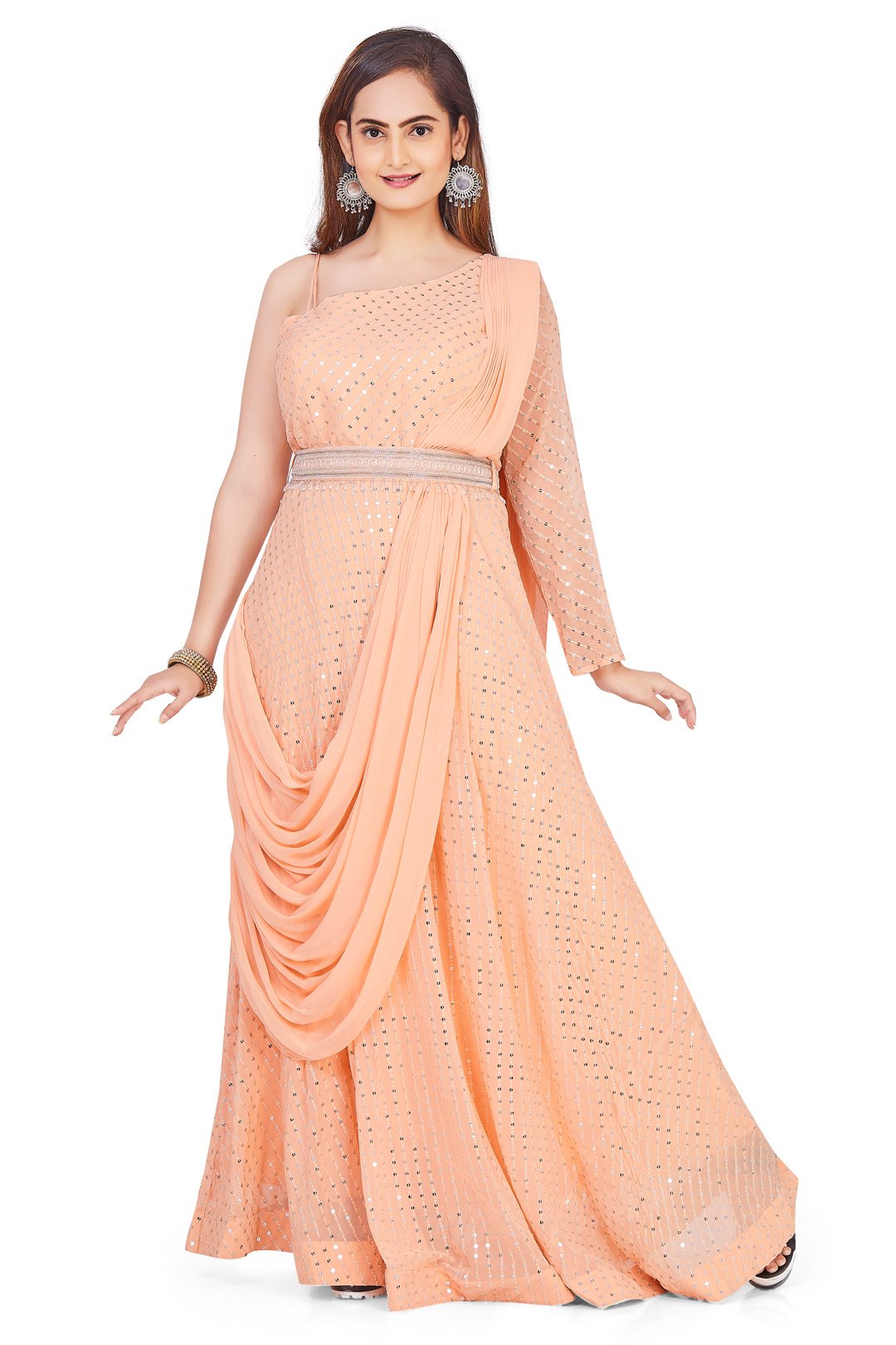 One Shoulder Peach Anarkali Set-AariAmi Boutique