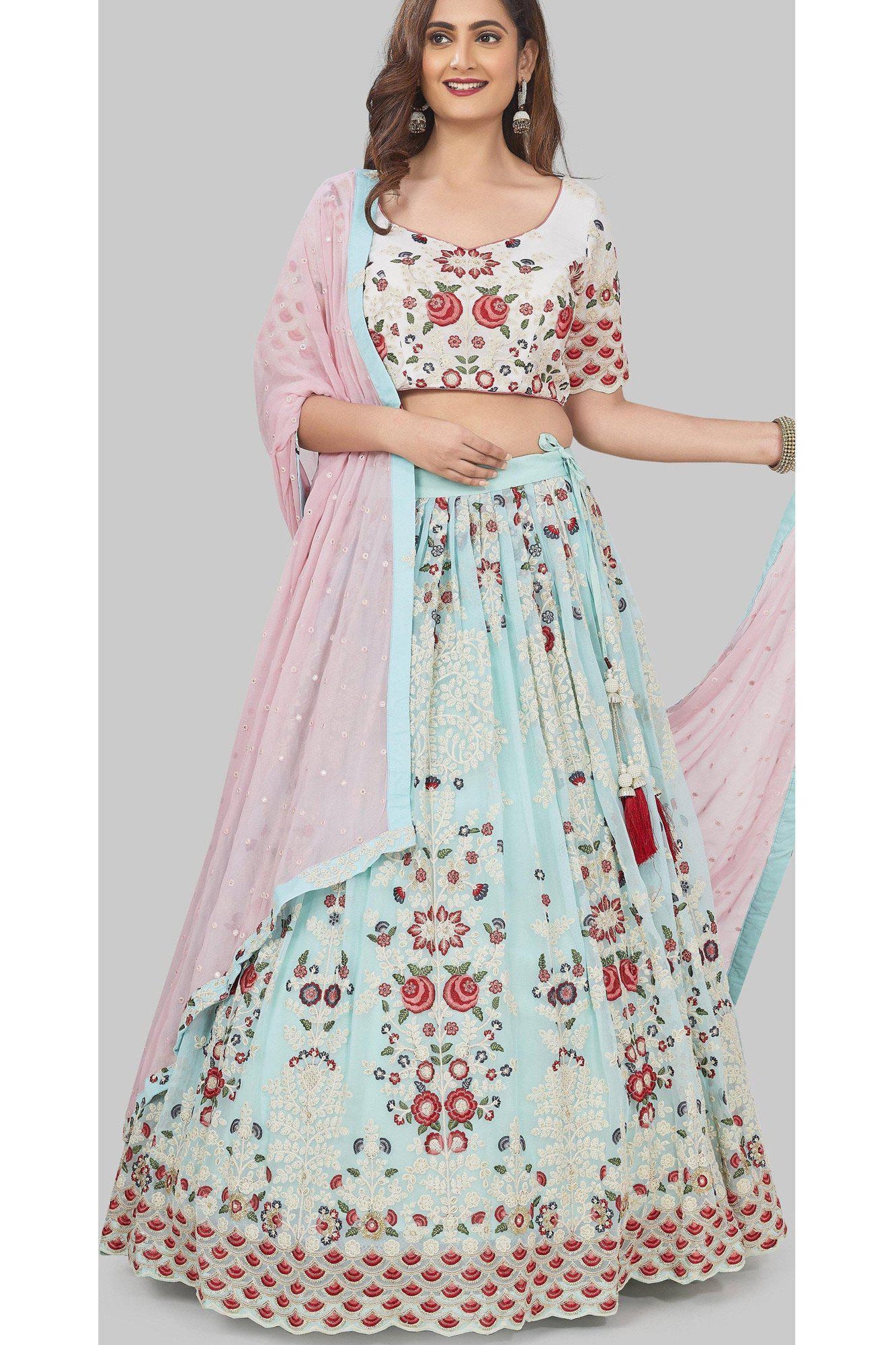 Pastel Blue Embroidered Lehenga Set-AariAmi Boutique