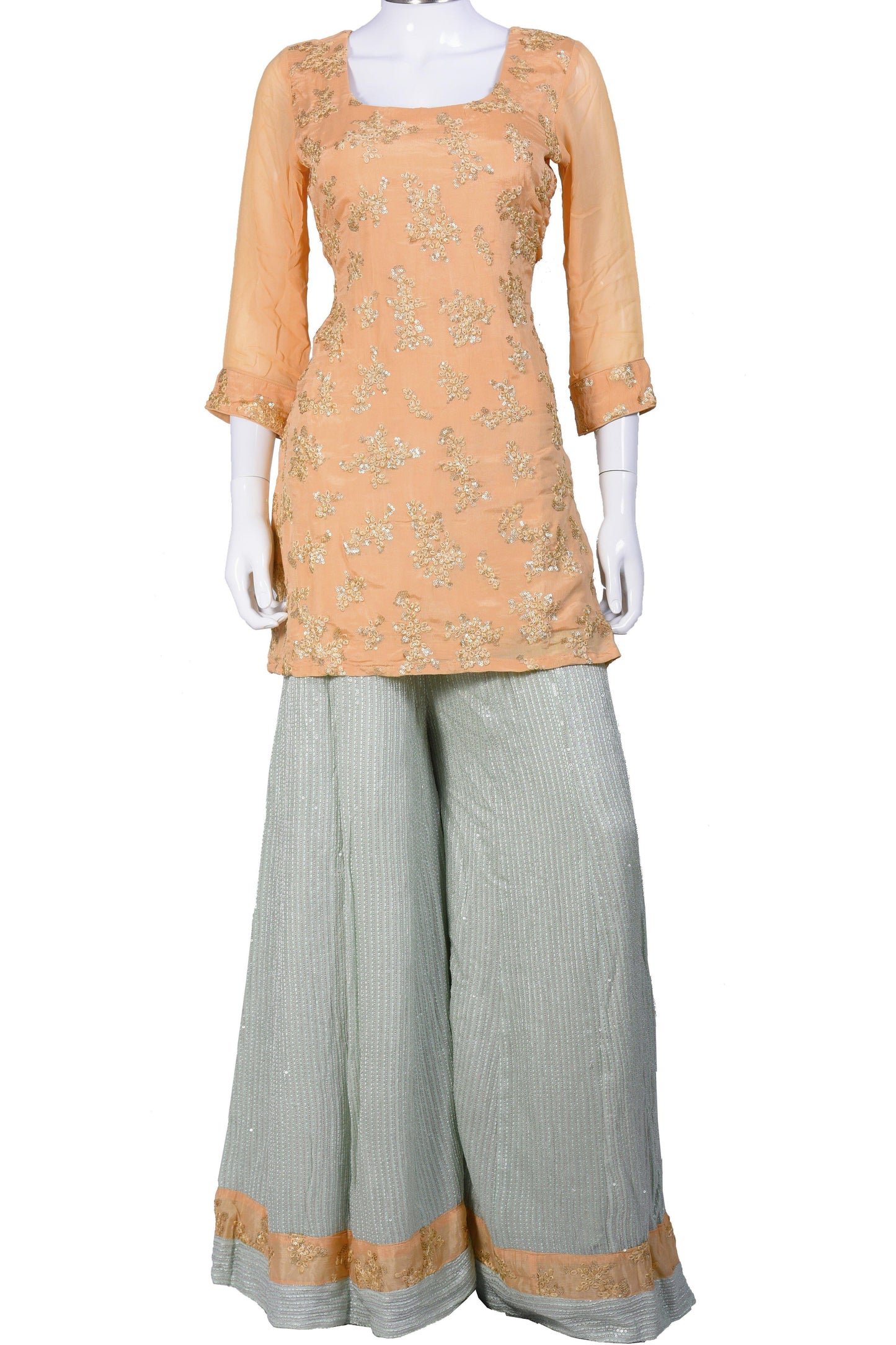 Peach and Green Embroidered Palazzo Set-AariAmi Boutique