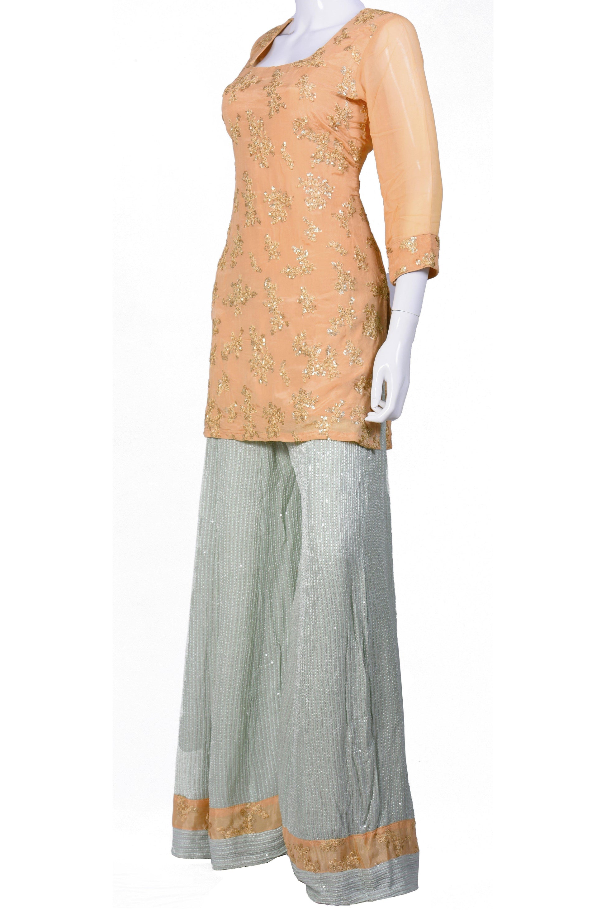 Peach and Green Embroidered Palazzo Set-AariAmi Boutique
