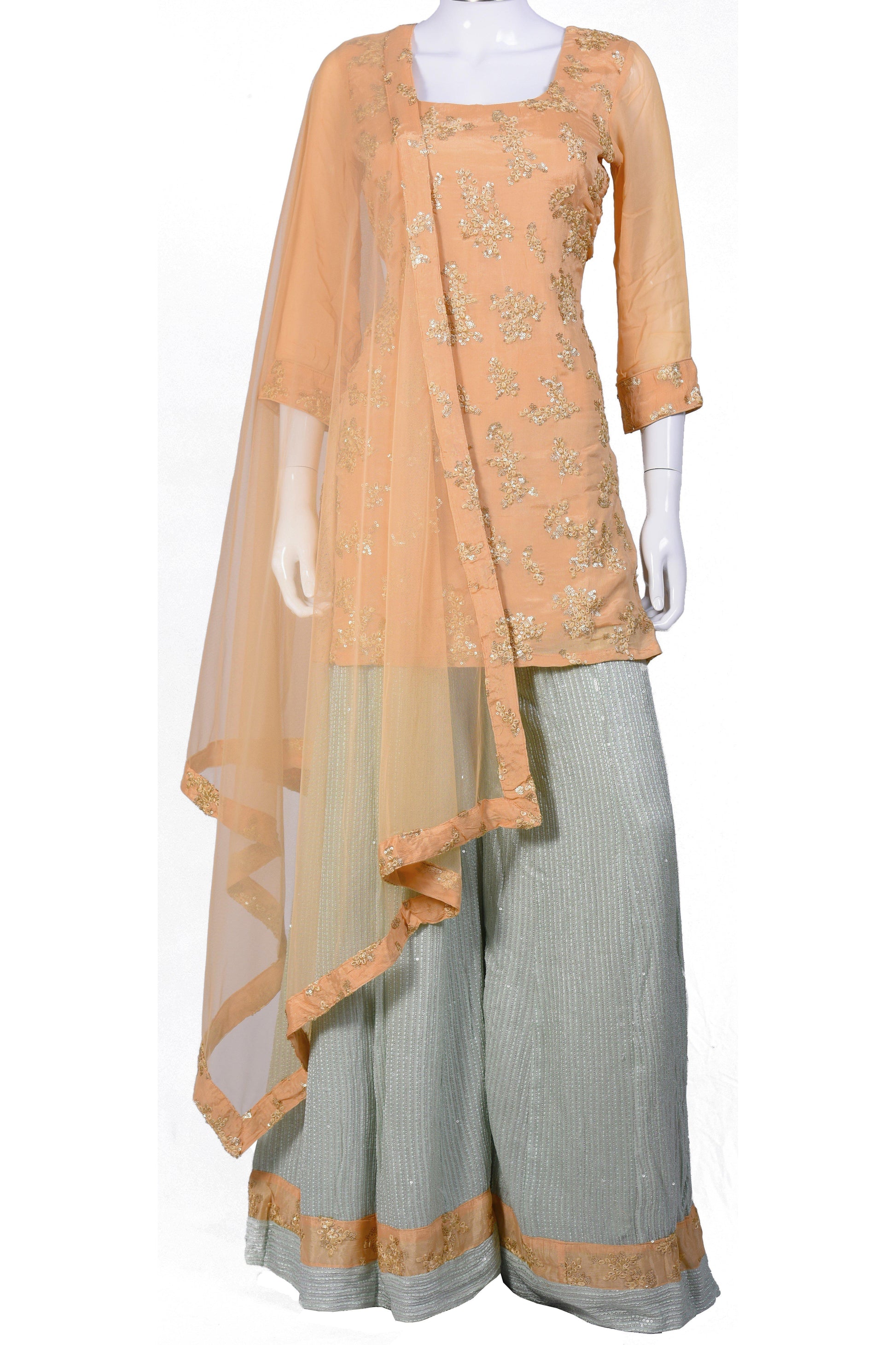 Peach and Green Embroidered Palazzo Set-AariAmi Boutique