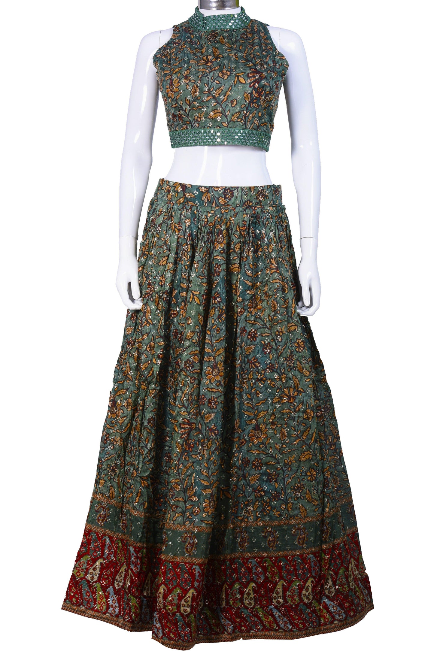 Pine Green and Red Sequin Studded Chaniya Choli-AariAmi Boutique