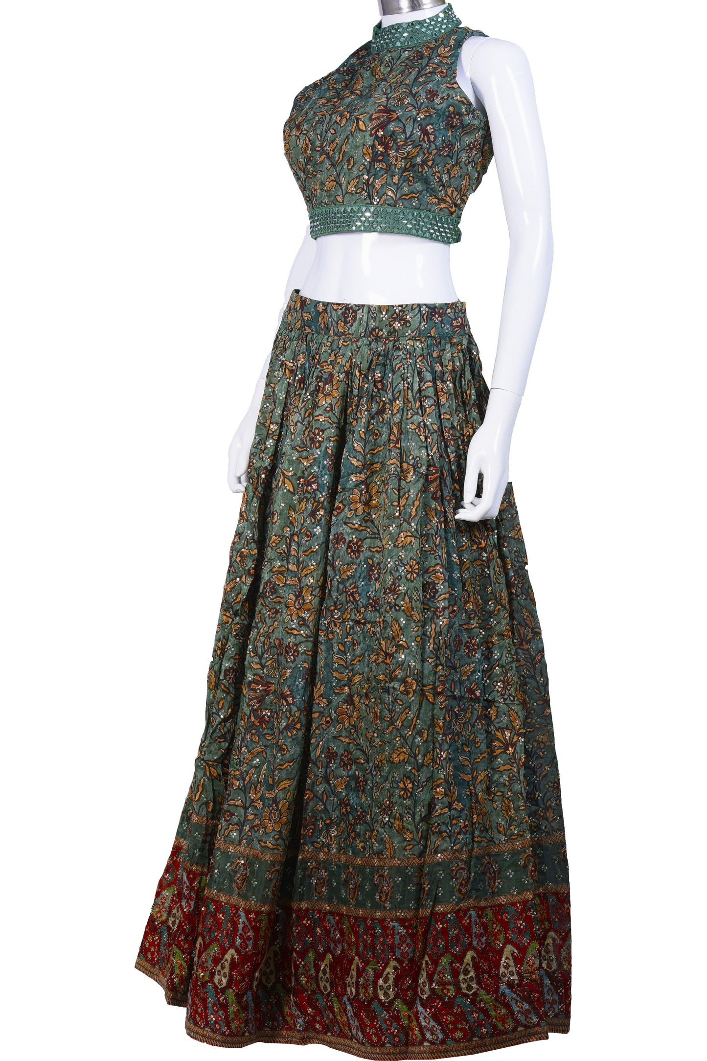 Pine Green and Red Sequin Studded Chaniya Choli-AariAmi Boutique
