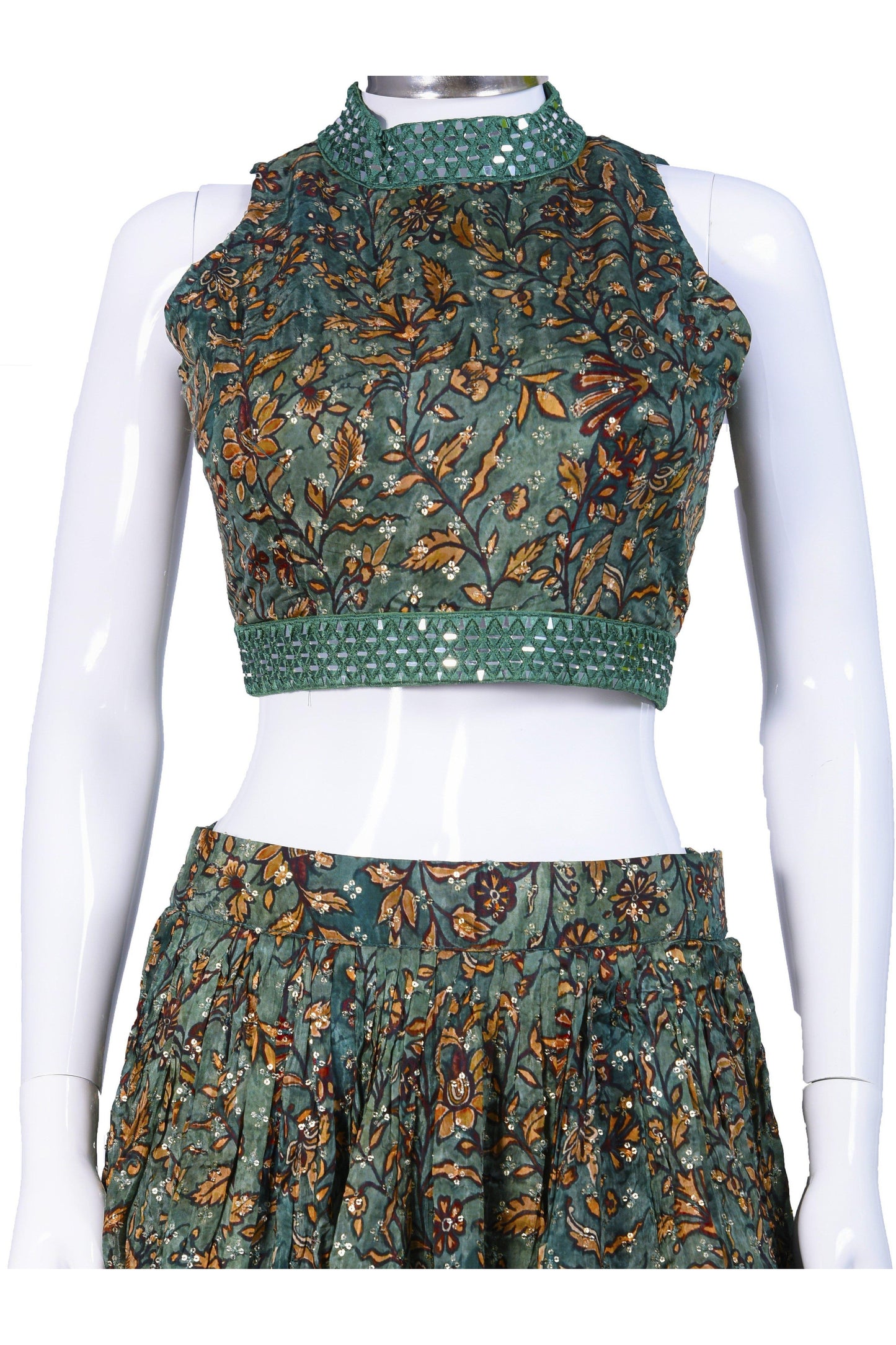 Pine Green and Red Sequin Studded Chaniya Choli-AariAmi Boutique