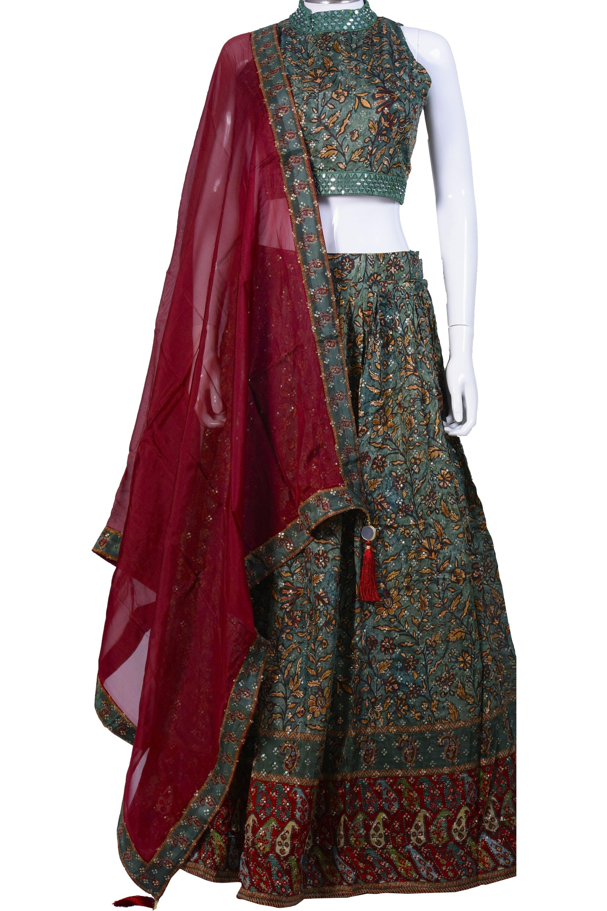 Pine Green and Red Sequin Studded Chaniya Choli-AariAmi Boutique