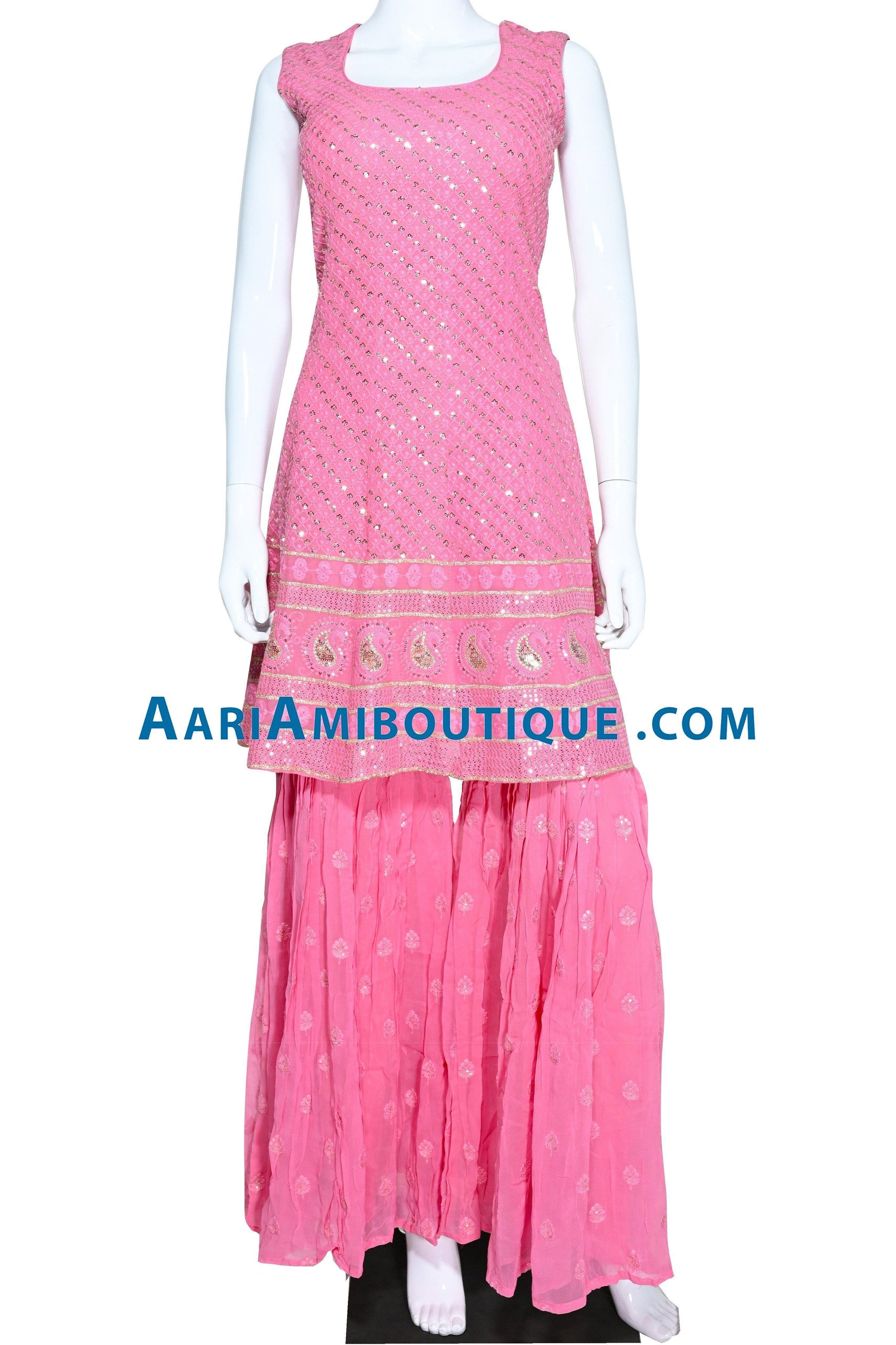 Pink Lucknowi Embroidered Gharara Set-AariAmi Boutique