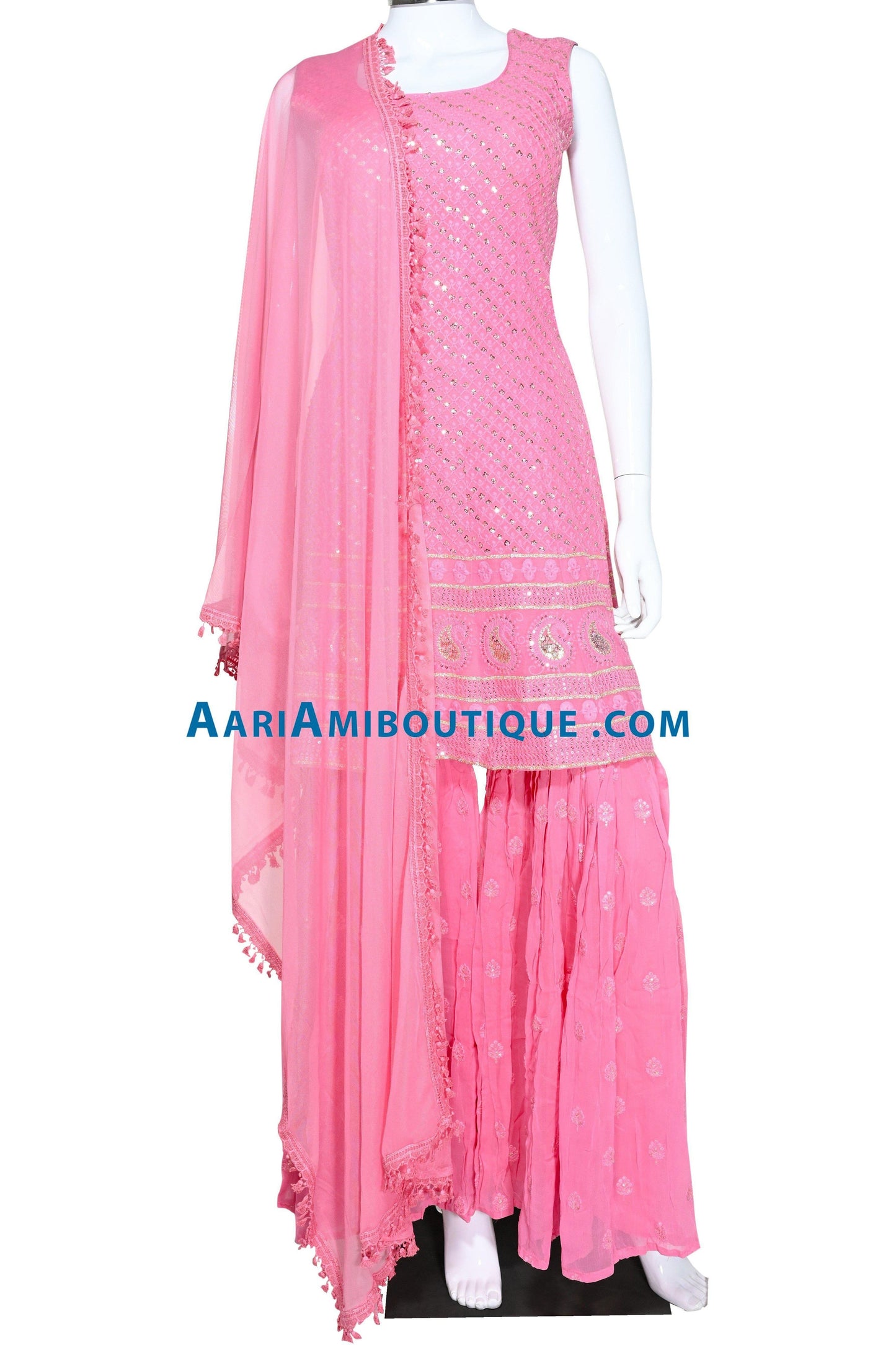 Pink Lucknowi Embroidered Gharara Set-AariAmi Boutique