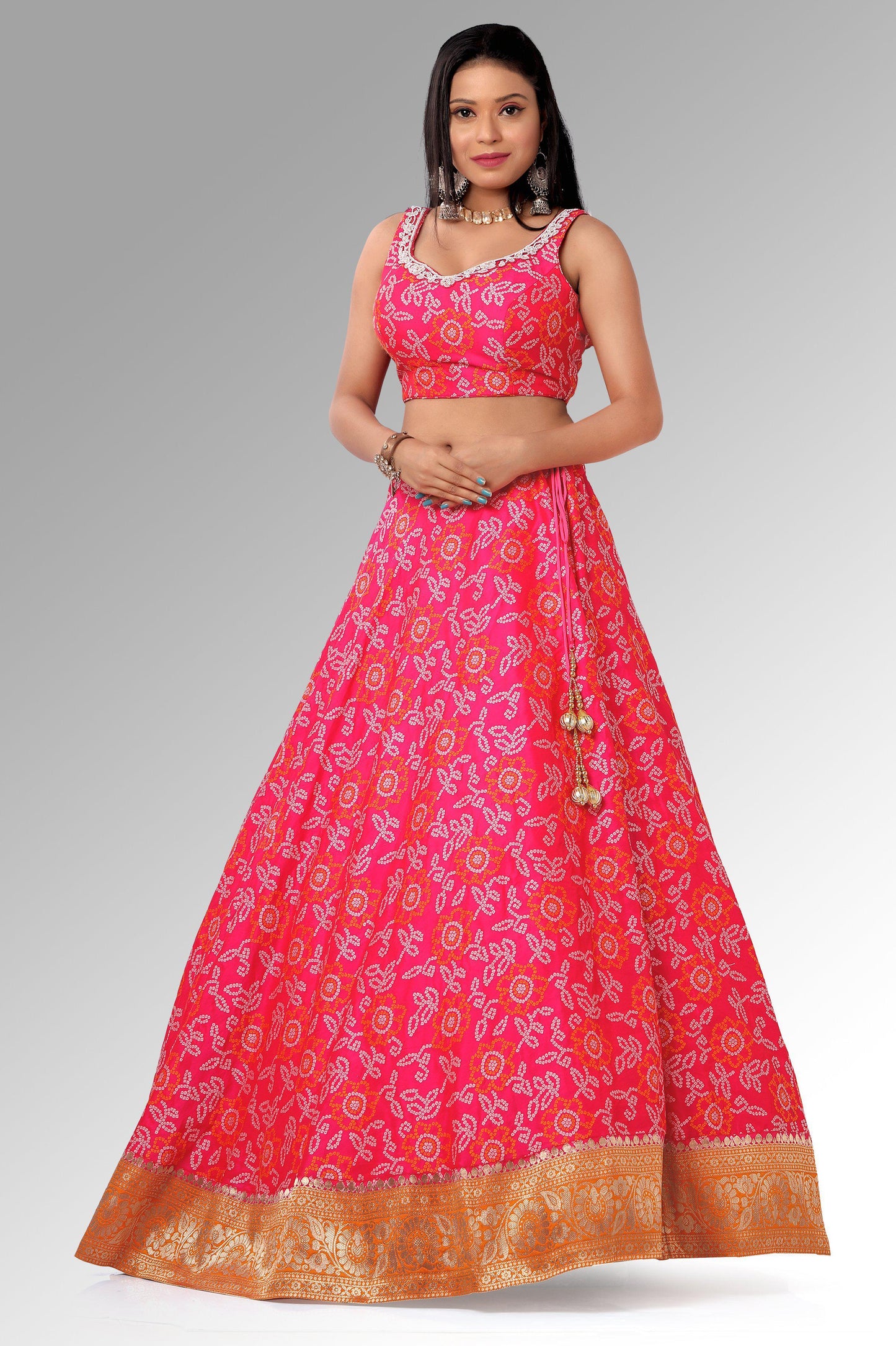 Pink Soft Silk Bandhni Chaniya Choli Set-AariAmi Boutique
