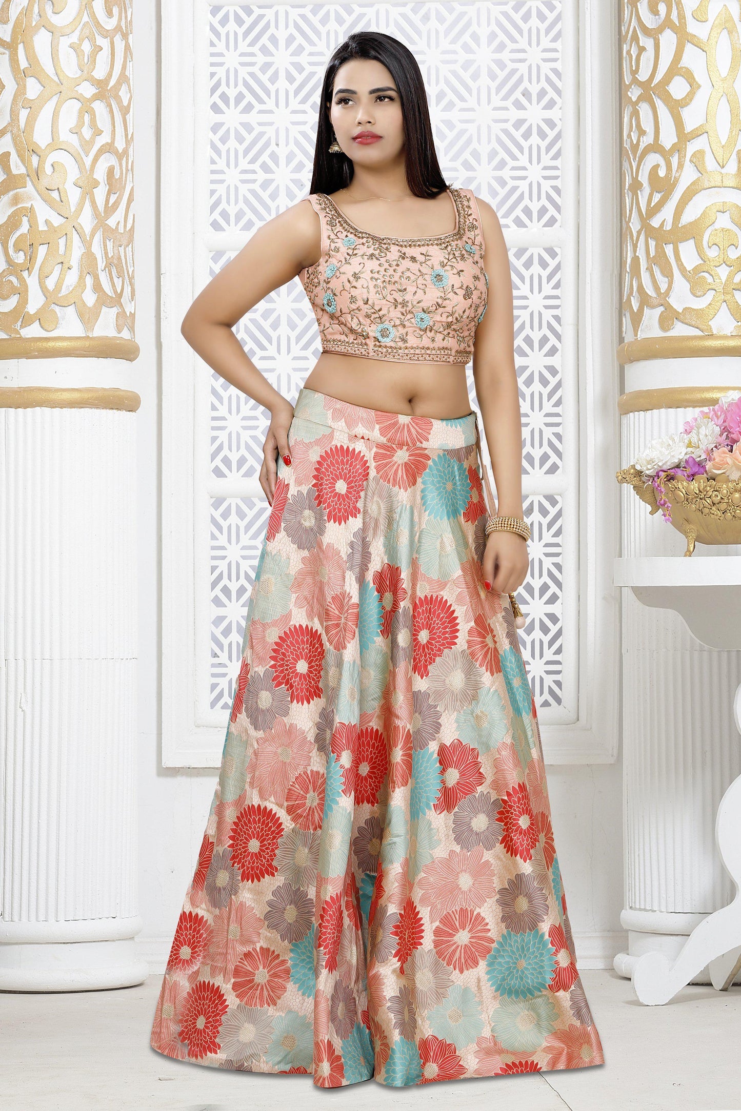 Pink Spring Floral Jacquard Silk Lehenga Set-AariAmi Boutique