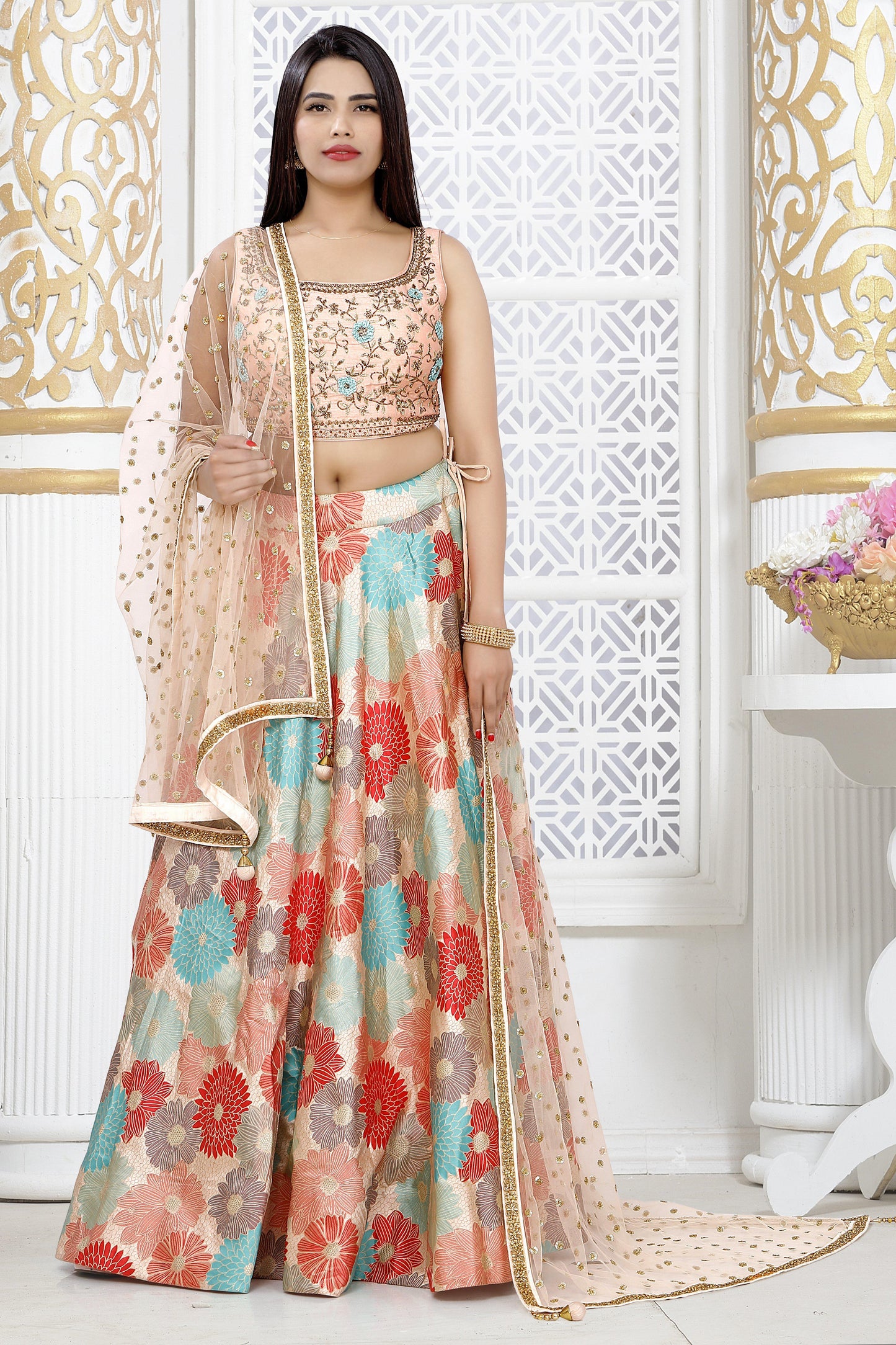 Pink Spring Floral Jacquard Silk Lehenga Set-AariAmi Boutique