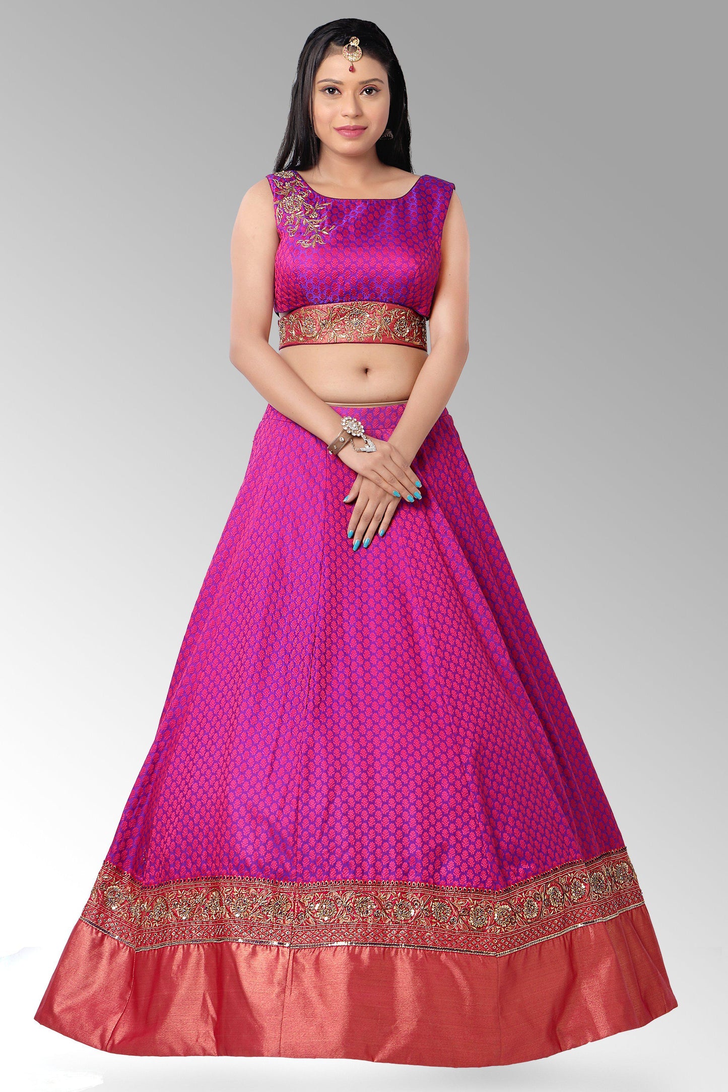 Pink and Purple Brocade Silk Lehenga Set-AariAmi Boutique