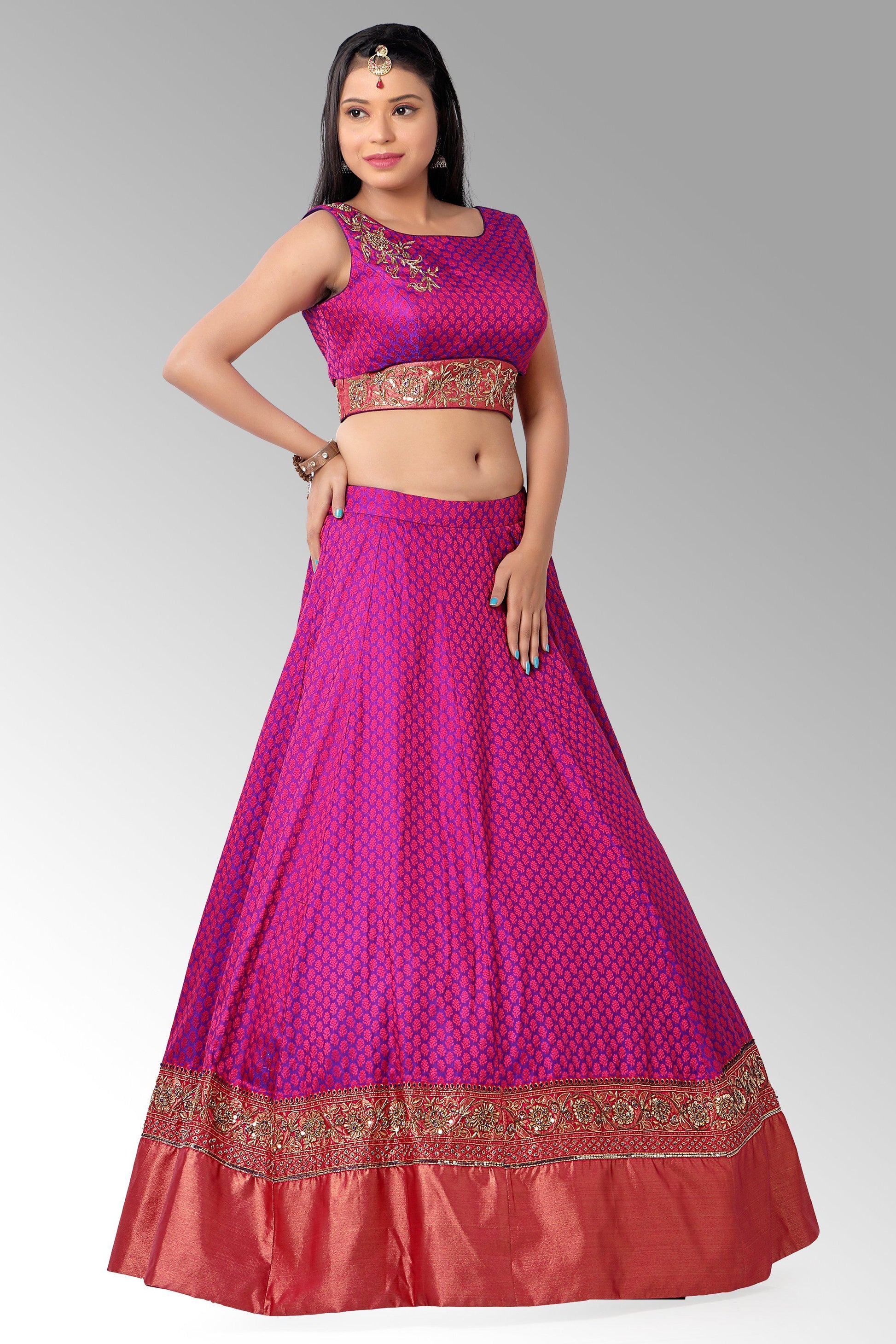 Pink and Purple Brocade Silk Lehenga Set-AariAmi Boutique