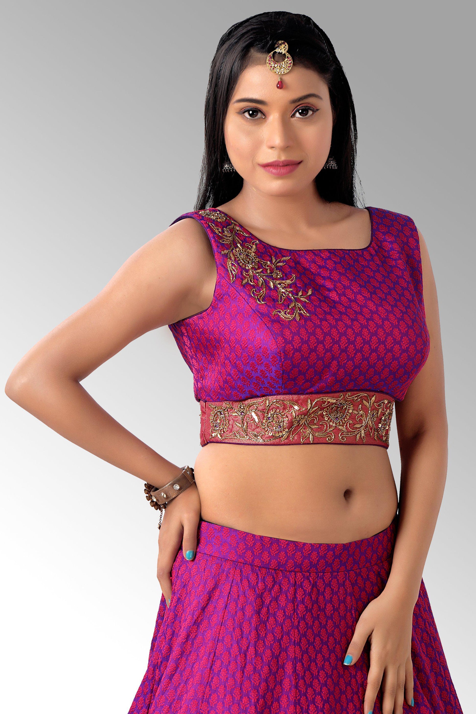 Pink and Purple Brocade Silk Lehenga Set-AariAmi Boutique