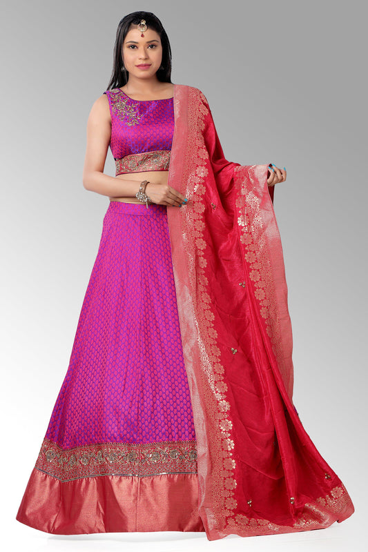 Pink and Purple Brocade Silk Lehenga Set-AariAmi Boutique