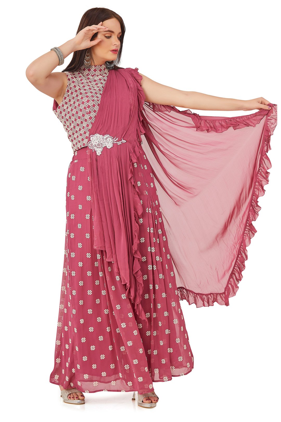 Pink and White Palazzo Set with Attached Draped Dupatta-AariAmi Boutique