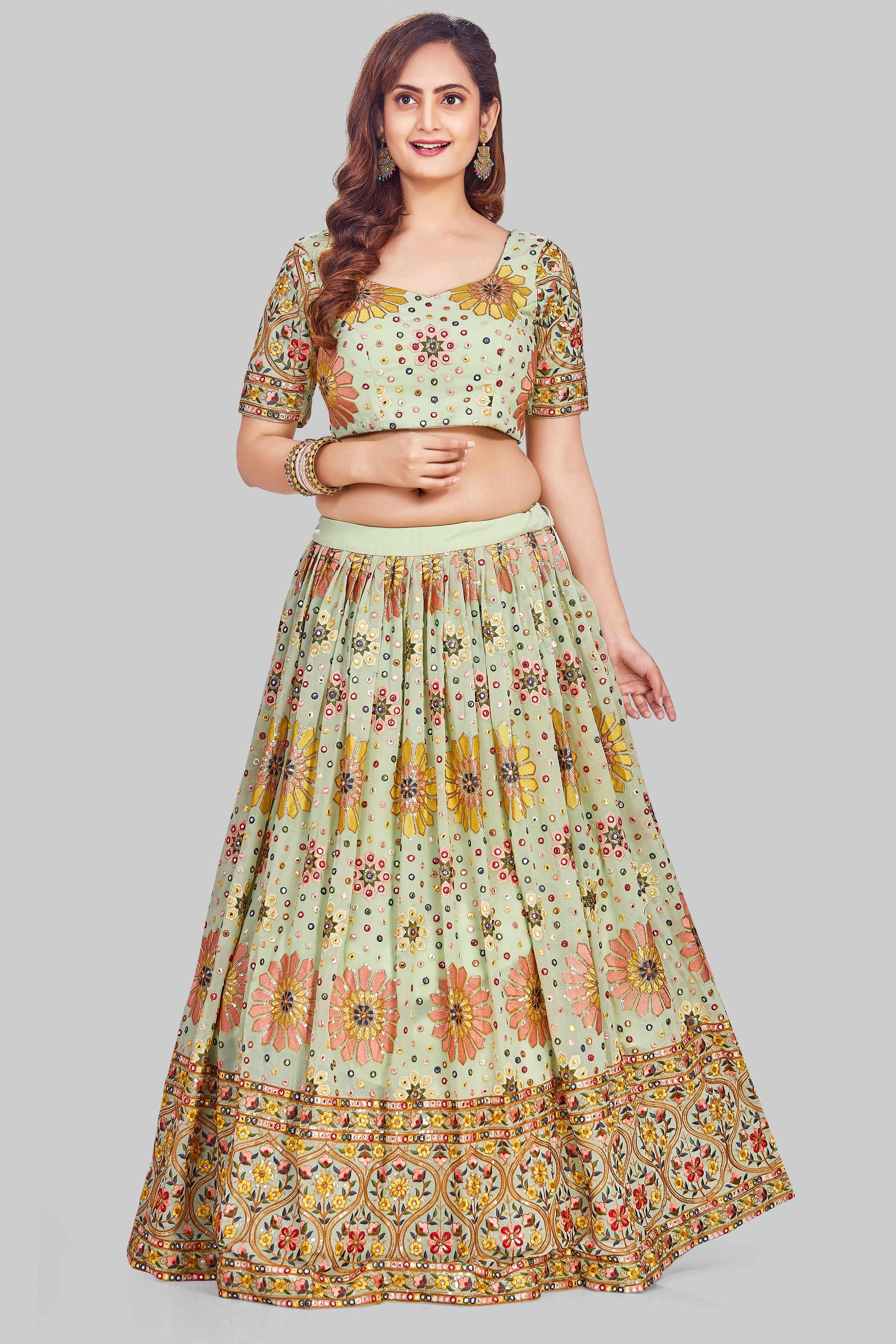 Pretty Pistachio Green Mirrorwork Lehenga Set-AariAmi Boutique
