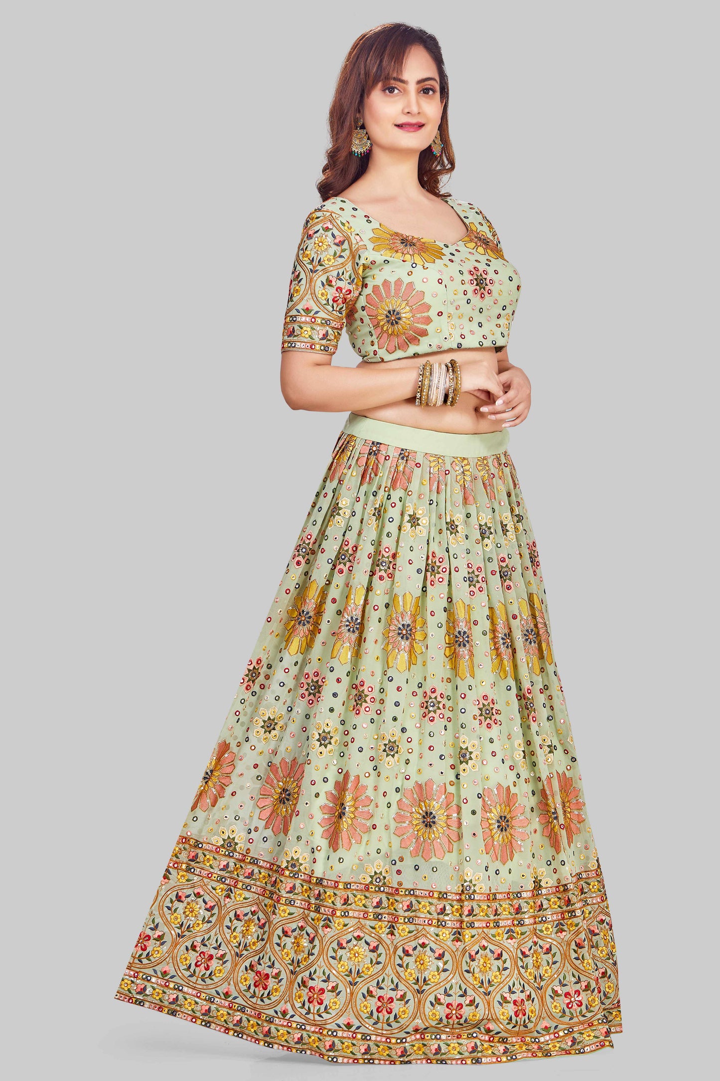 Pretty Pistachio Green Mirrorwork Lehenga Set-AariAmi Boutique