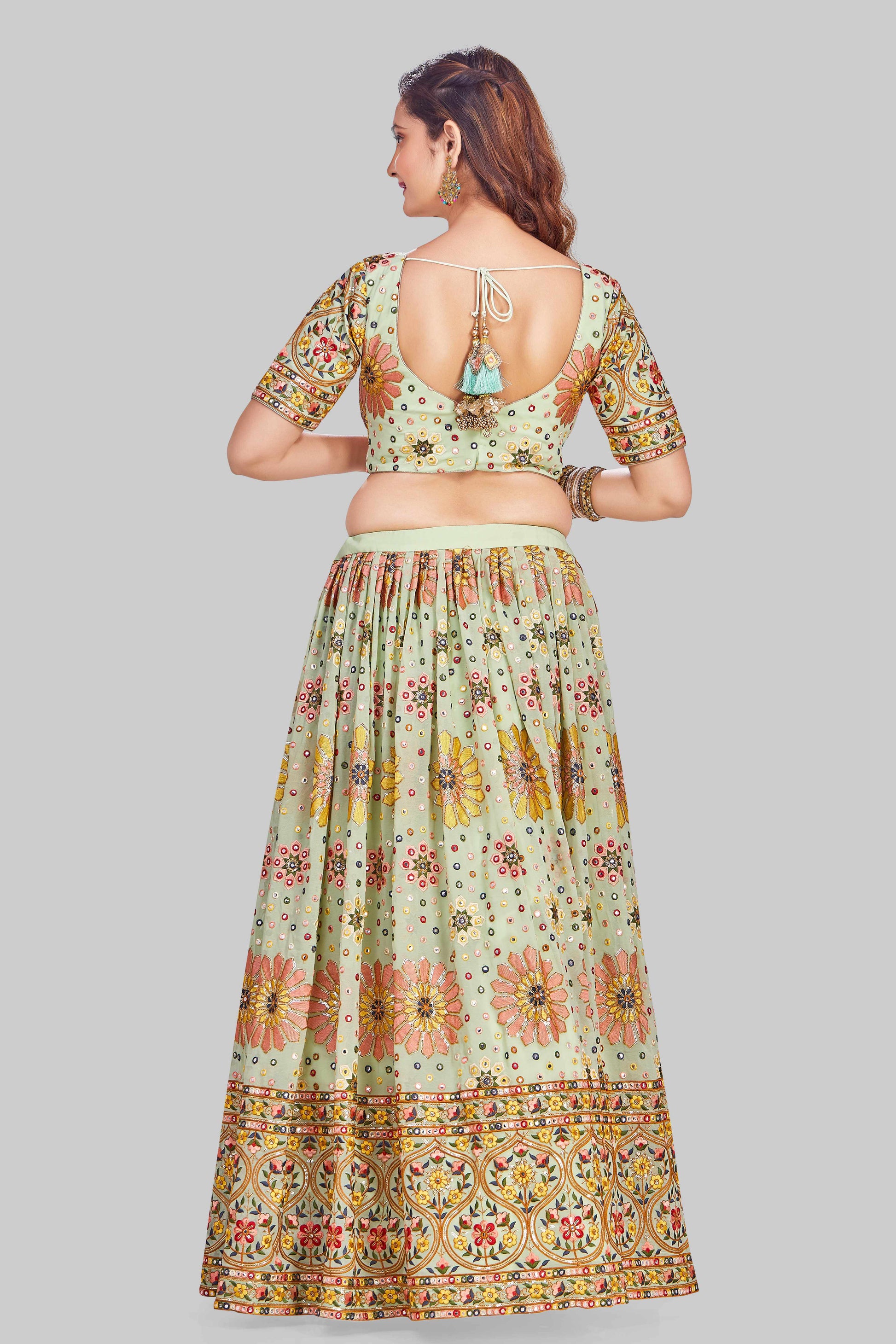Pretty Pistachio Green Mirrorwork Lehenga Set-AariAmi Boutique