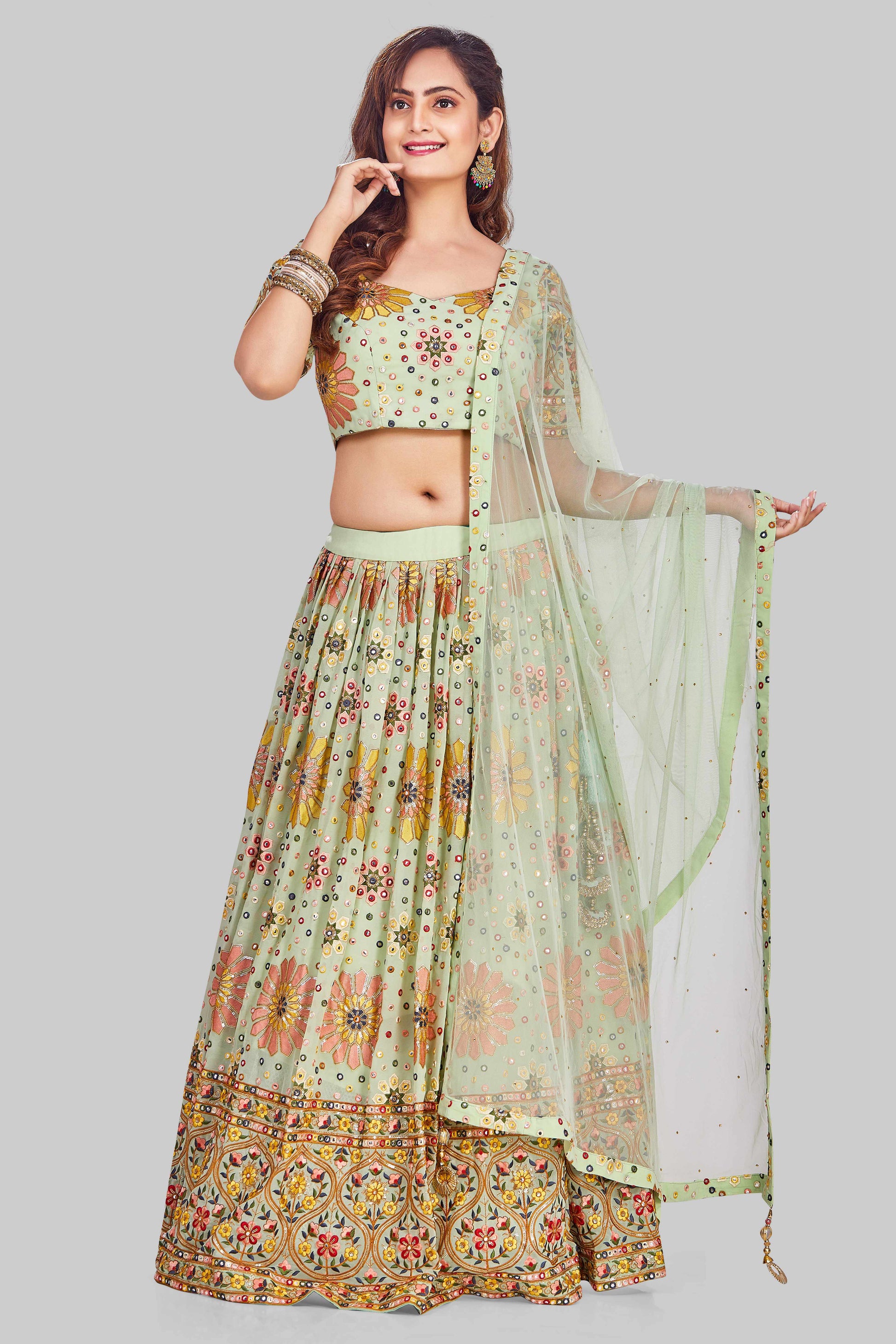 Pretty Pistachio Green Mirrorwork Lehenga Set-AariAmi Boutique