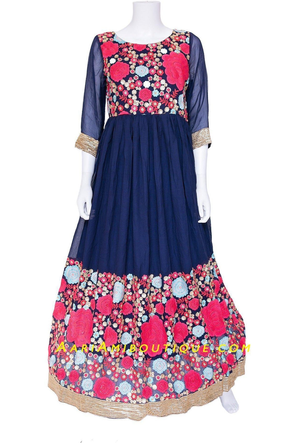 Red and Blue Embroidered Anarkali Set-AariAmi Boutique