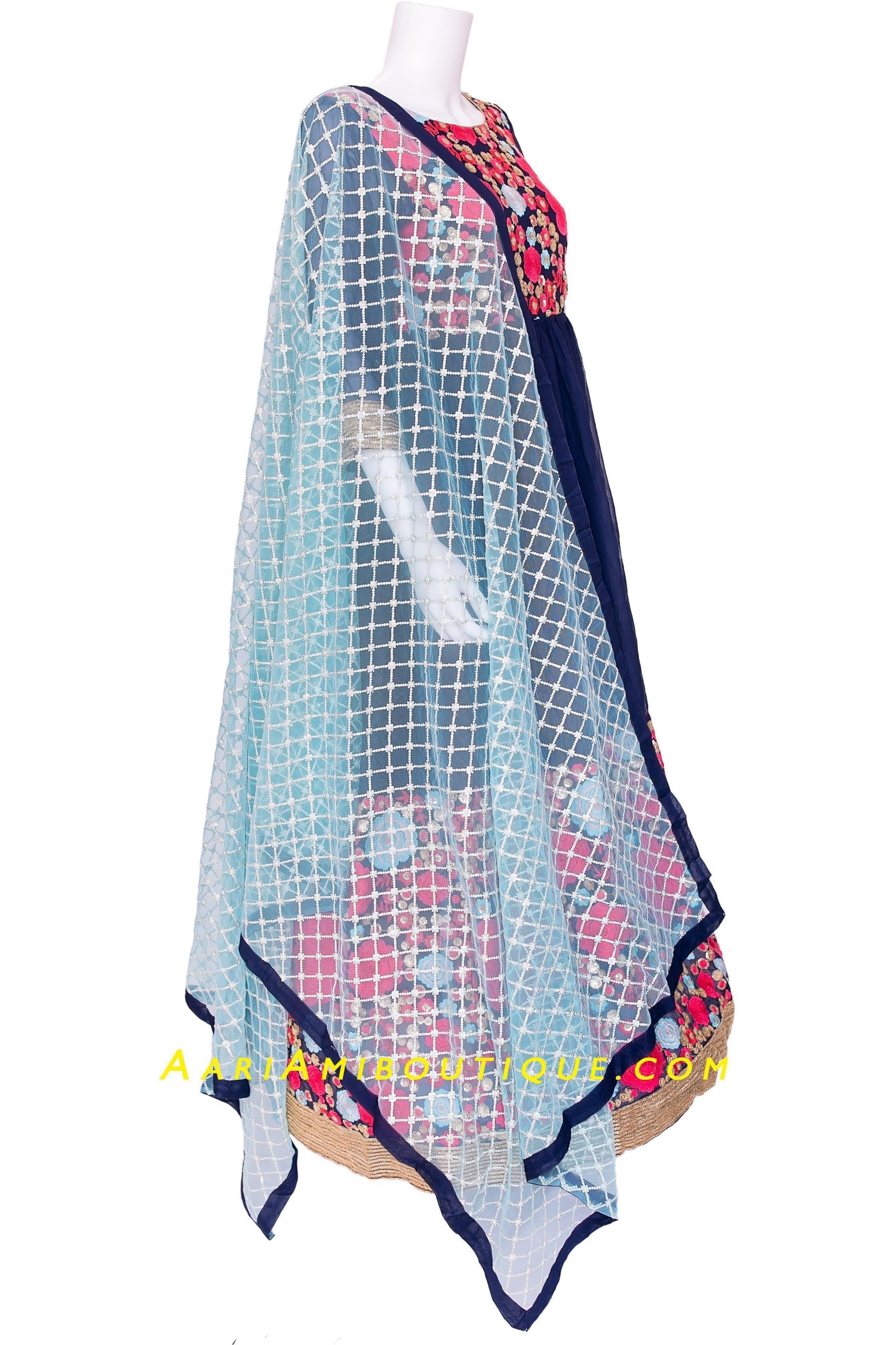 Red and Blue Embroidered Anarkali Set-AariAmi Boutique
