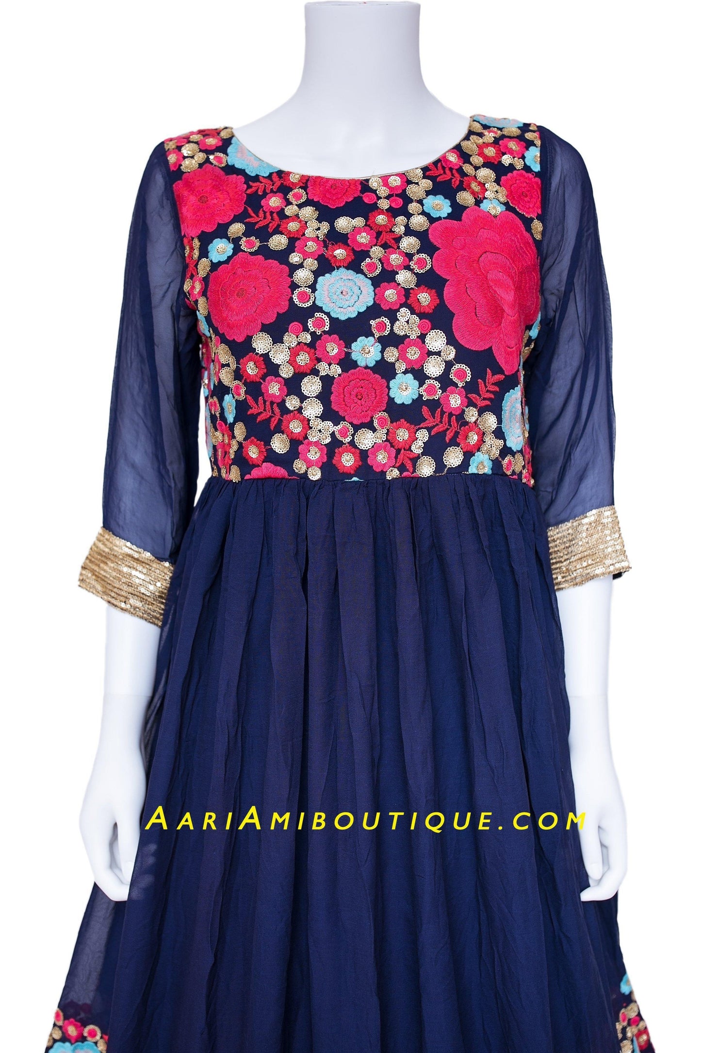 Red and Blue Embroidered Anarkali Set-AariAmi Boutique