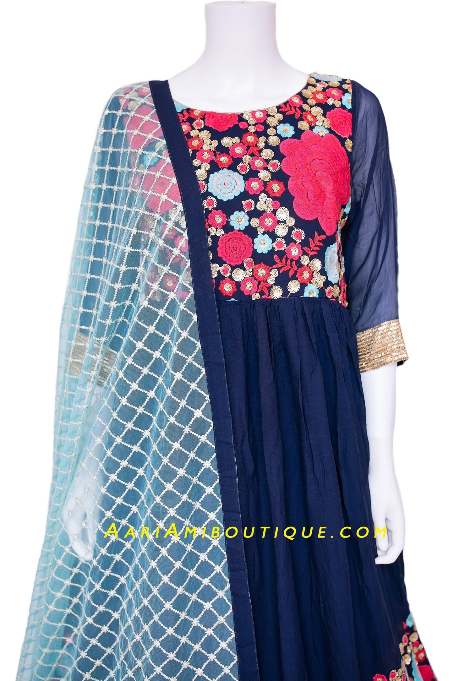 Red and Blue Embroidered Anarkali Set-AariAmi Boutique