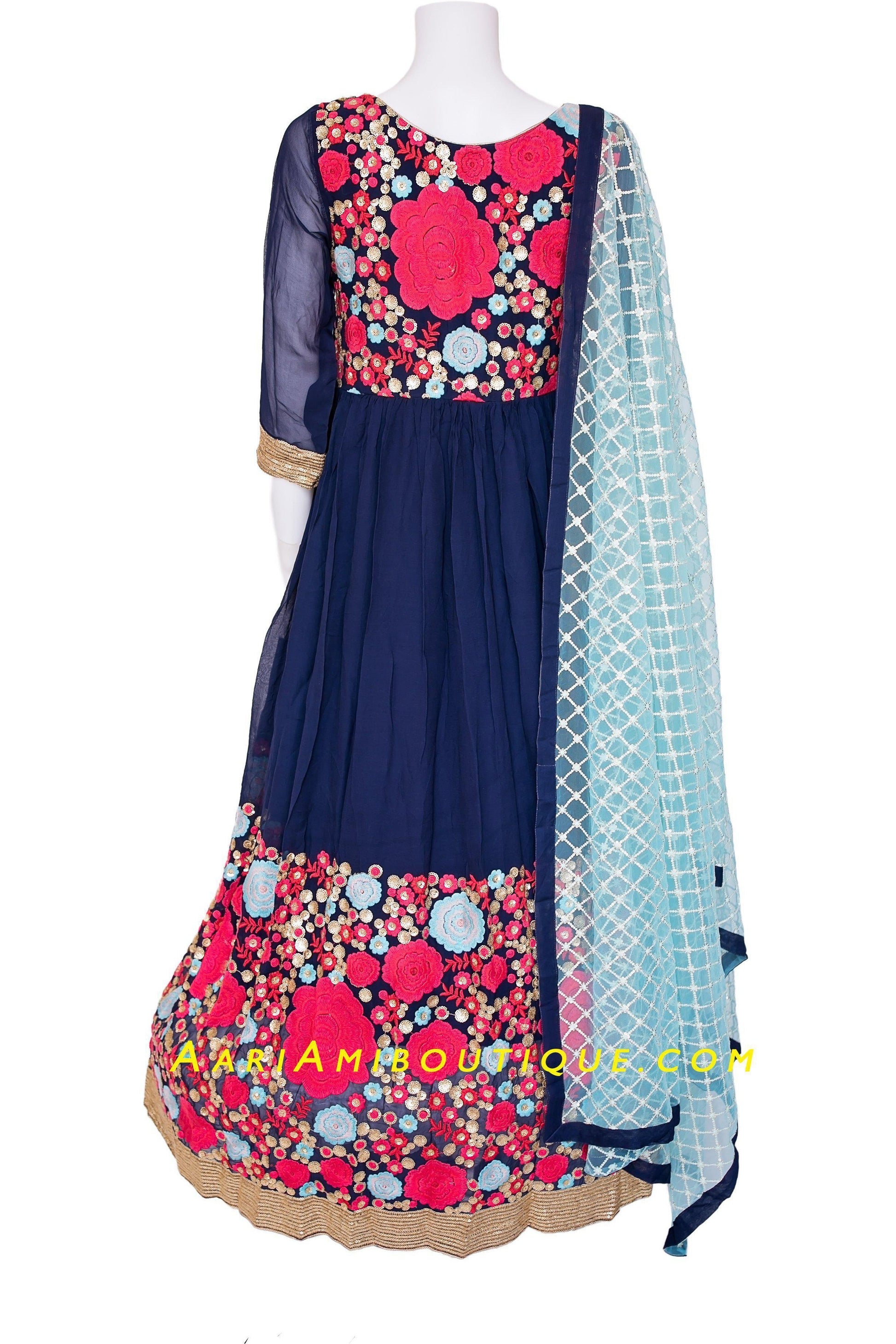 Red and Blue Embroidered Anarkali Set-AariAmi Boutique