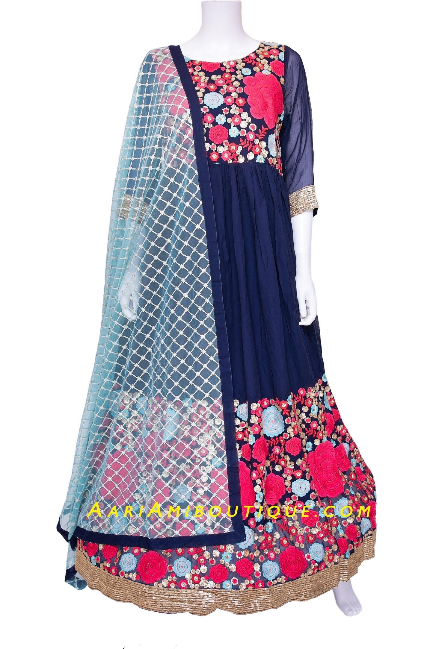 Red and Blue Embroidered Anarkali Set-AariAmi Boutique