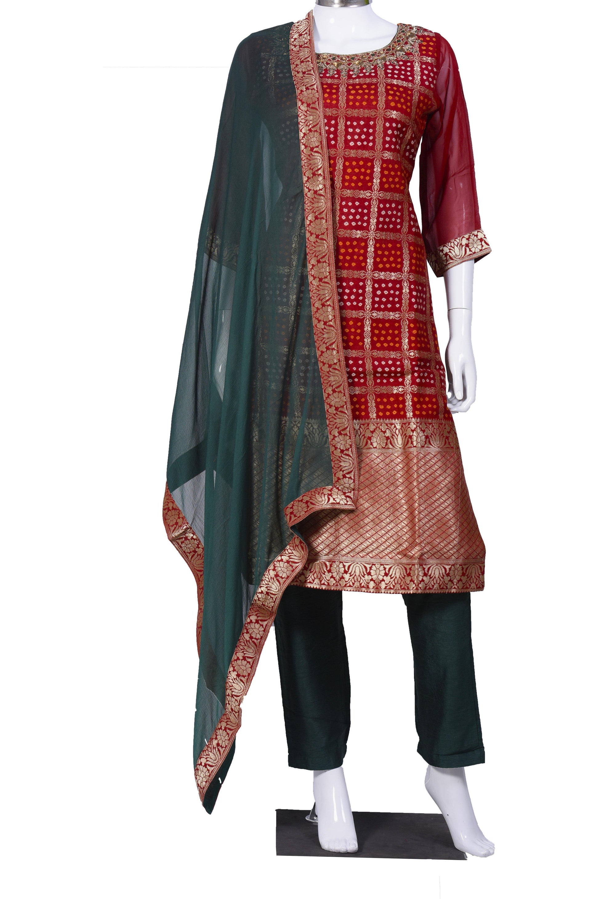 Red and Green Bandhani Salwar Kurta Set-AariAmi Boutique