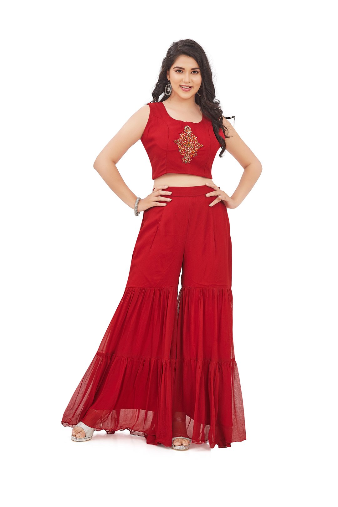Red and Orange Patola Print Gharara Set with Jacket-AariAmi Boutique