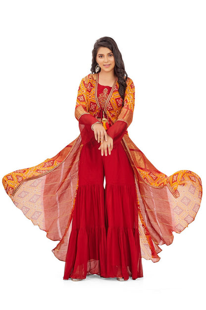 Red and Orange Patola Print Gharara Set with Jacket-AariAmi Boutique