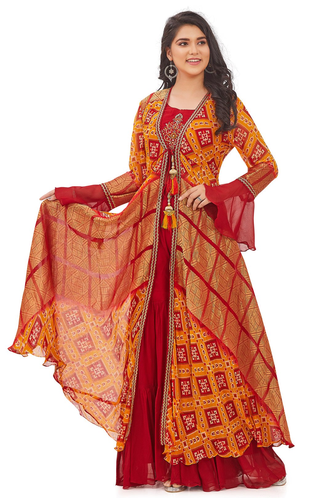 Red and Orange Patola Print Gharara Set with Jacket-AariAmi Boutique