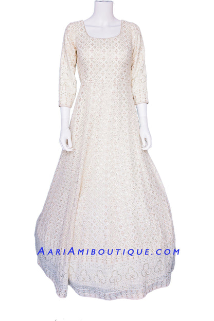 Regal White Lucknowi Anarkali Set with Bandhni Dupatta-AariAmi Boutique