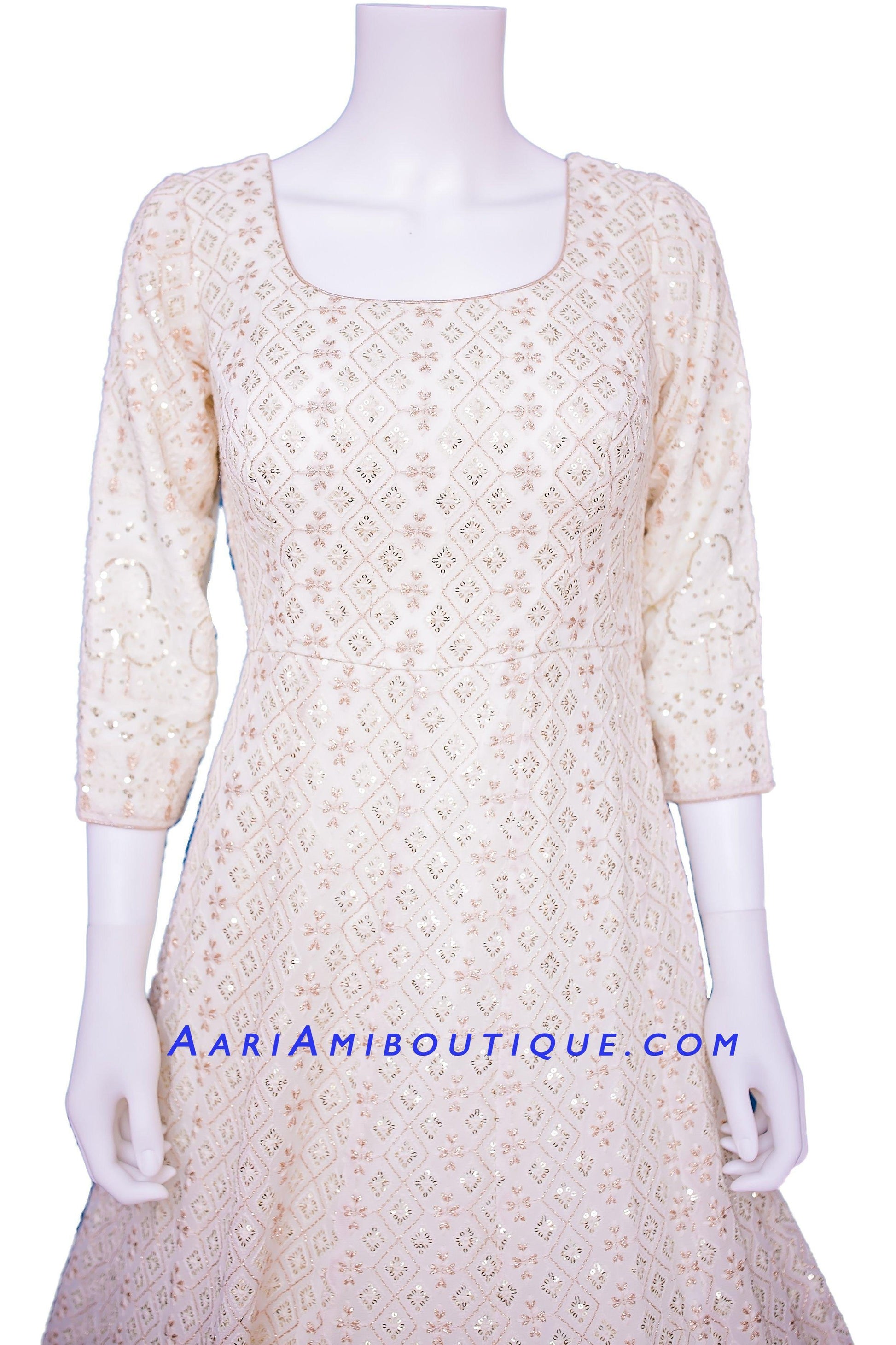 Regal White Lucknowi Anarkali Set with Bandhni Dupatta-AariAmi Boutique