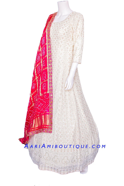 Regal White Lucknowi Anarkali Set with Bandhni Dupatta-AariAmi Boutique