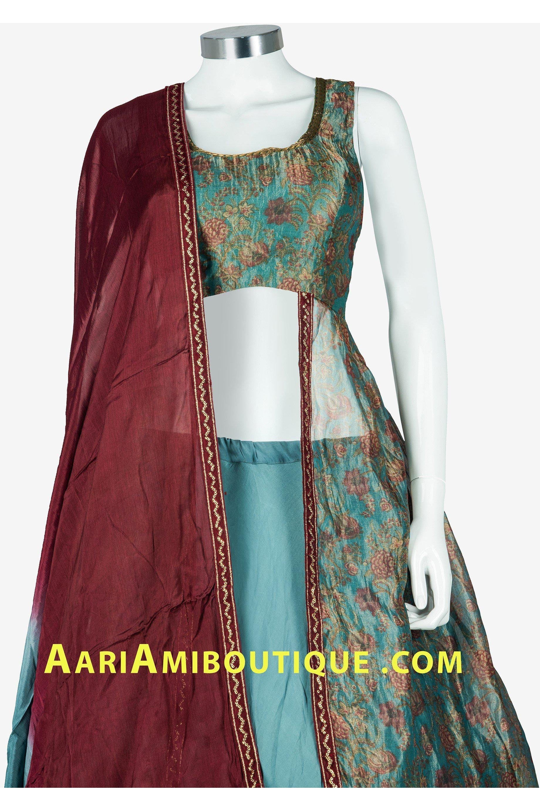 Sea Green and Maroon Long Top Lehenga Set-AariAmi Boutique