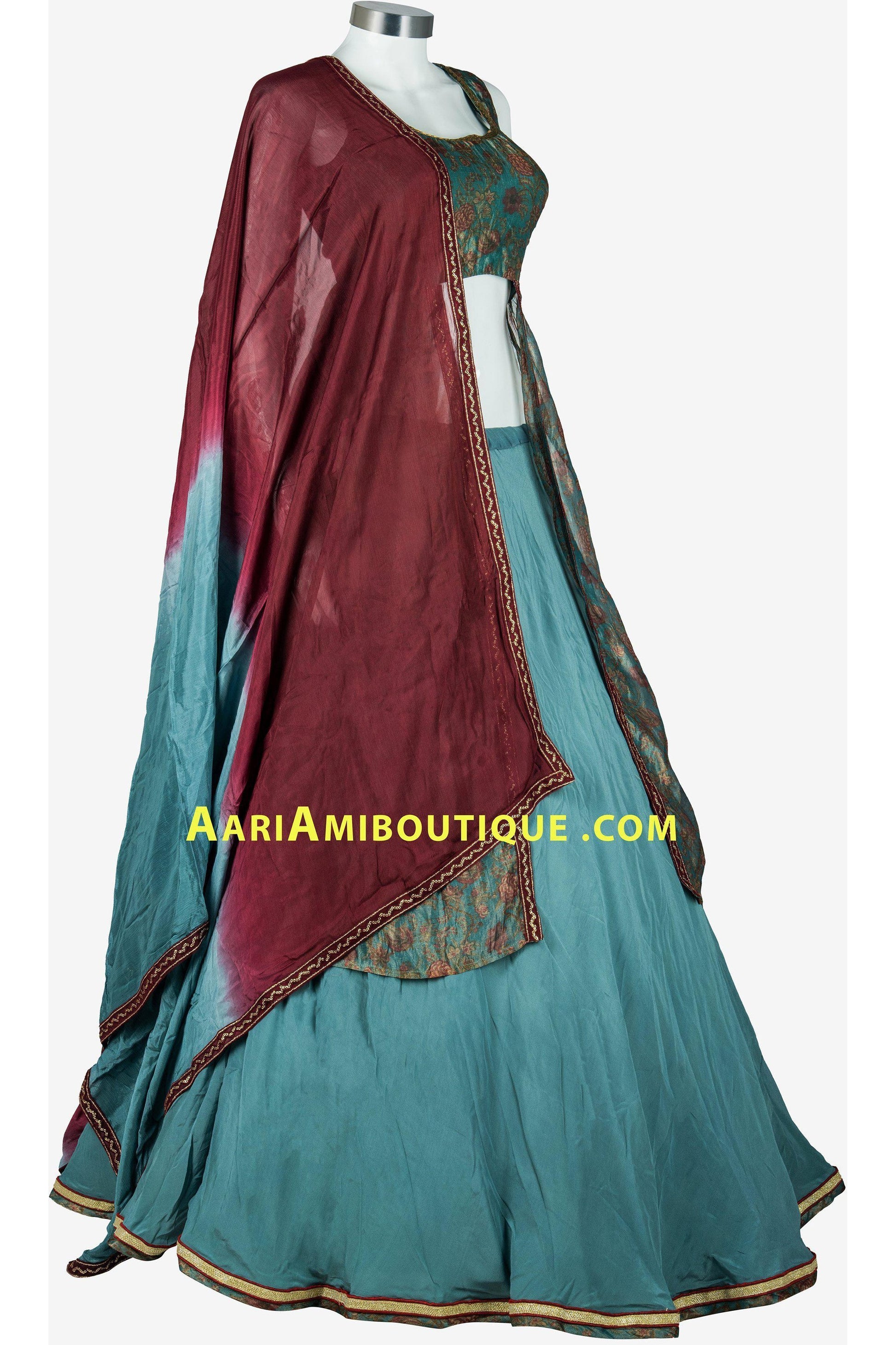 Sea Green and Maroon Long Top Lehenga Set-AariAmi Boutique