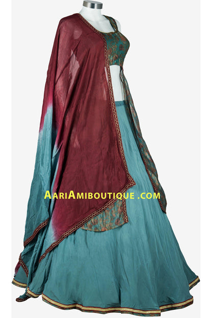 Sea Green and Maroon Long Top Lehenga Set-AariAmi Boutique