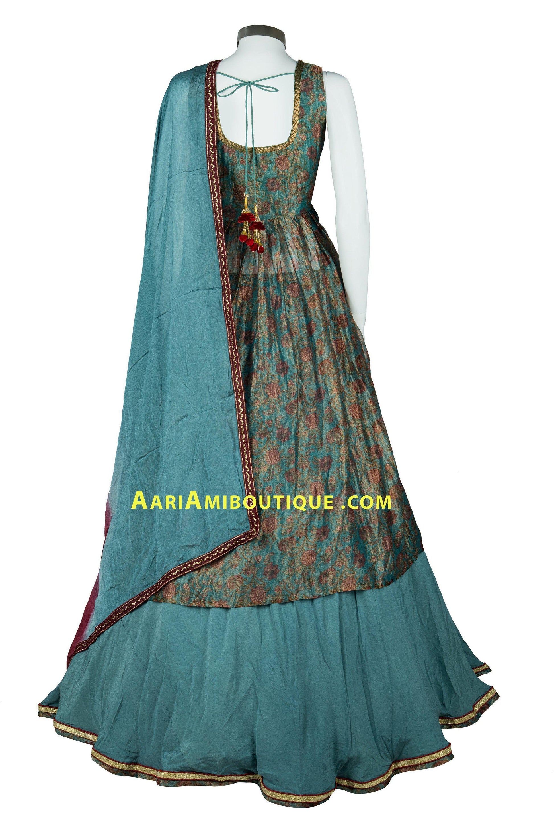 Sea Green and Maroon Long Top Lehenga Set-AariAmi Boutique