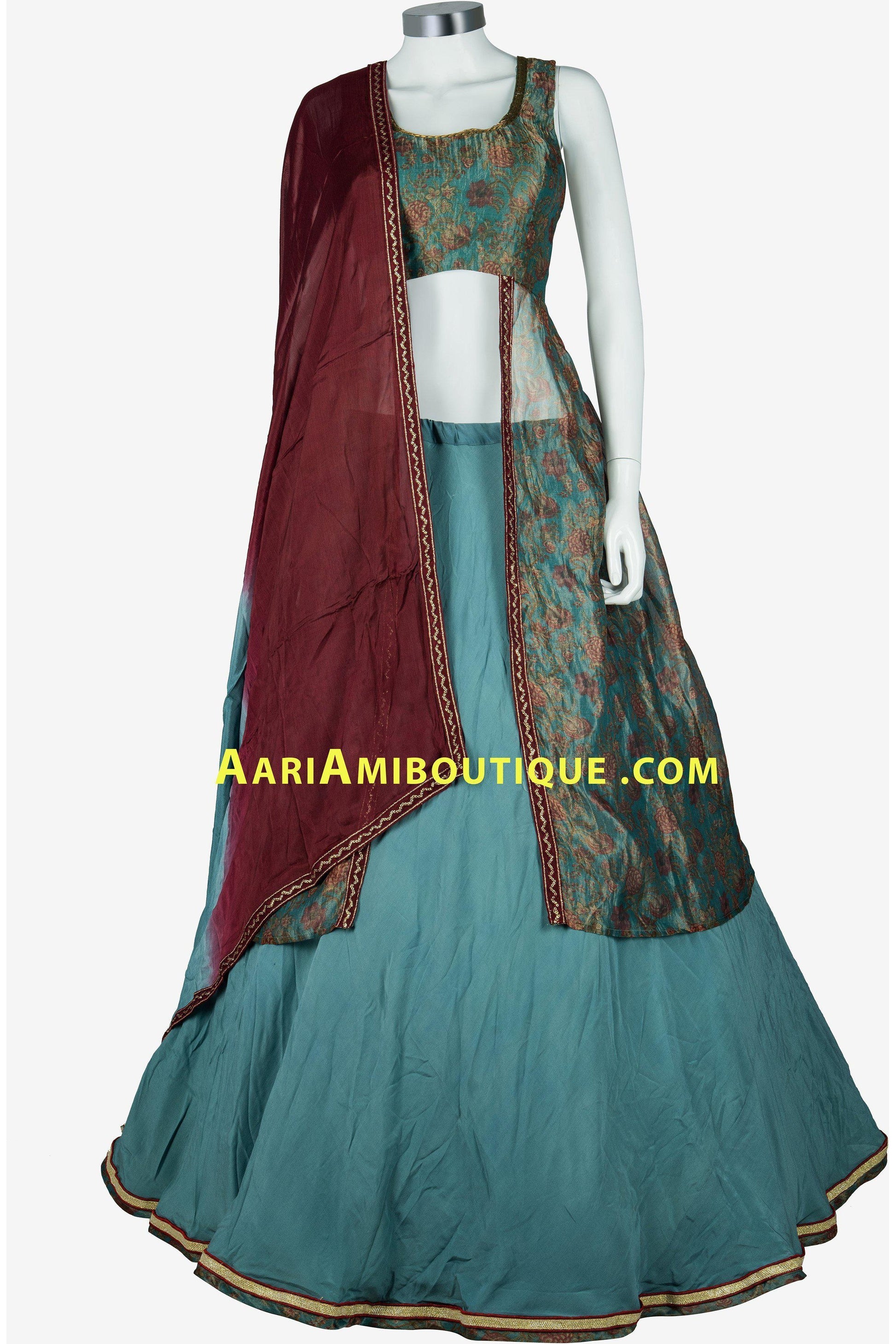 Sea Green and Maroon Long Top Lehenga Set-AariAmi Boutique